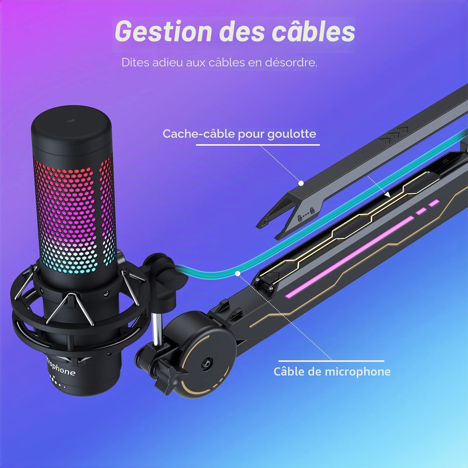 TONOR Bras Micro avec Lumière RGB de 11 Modes, Perche Micro Gaming avec Passe-câbles, Support de Microphone Ajustable pour Podcasts, Streaming, Gaming, Télétravail, T90
