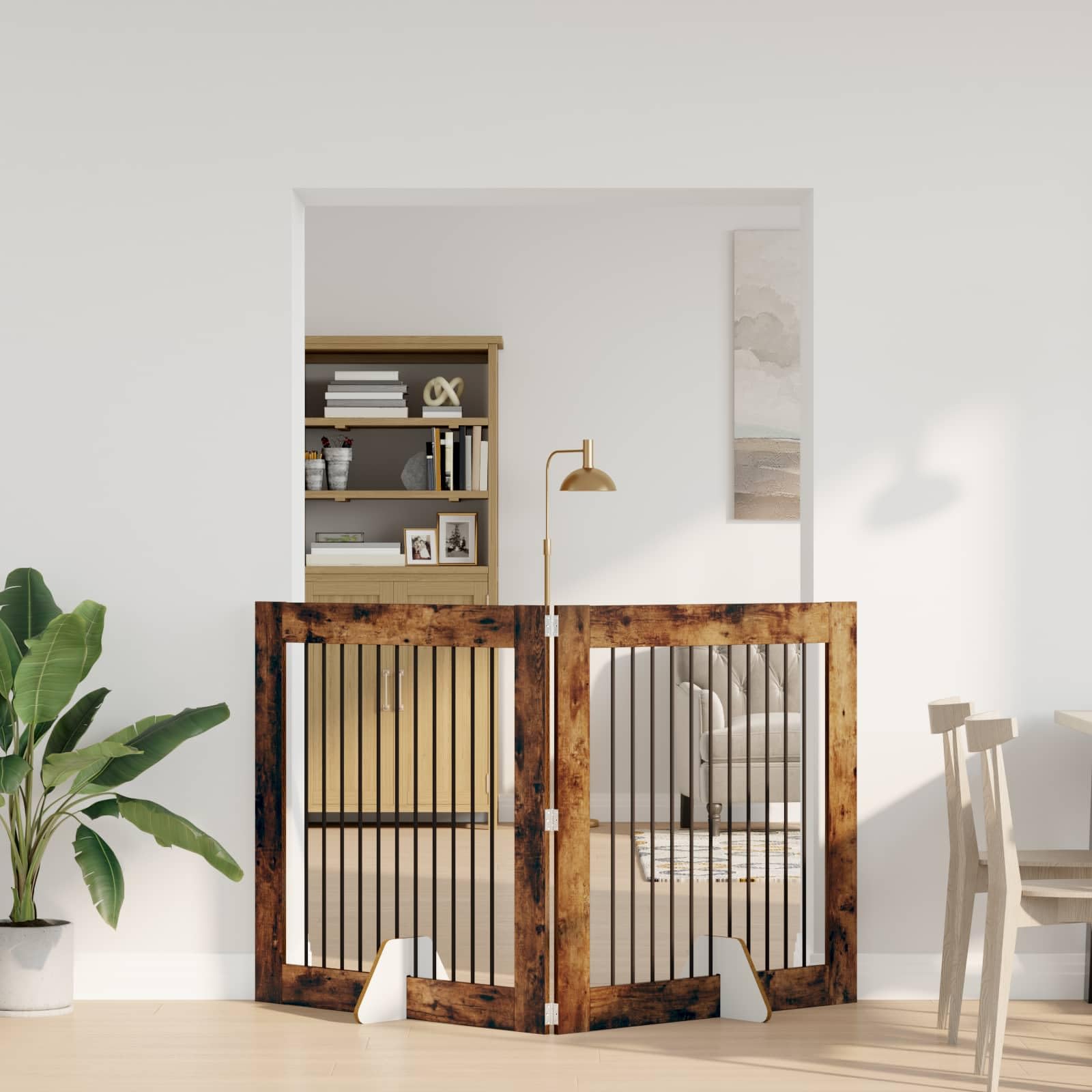 Perrera plegable de metal con soporte, 2 piezas de roble ahumado, protección de seguridad para cachorros y animales pequeños