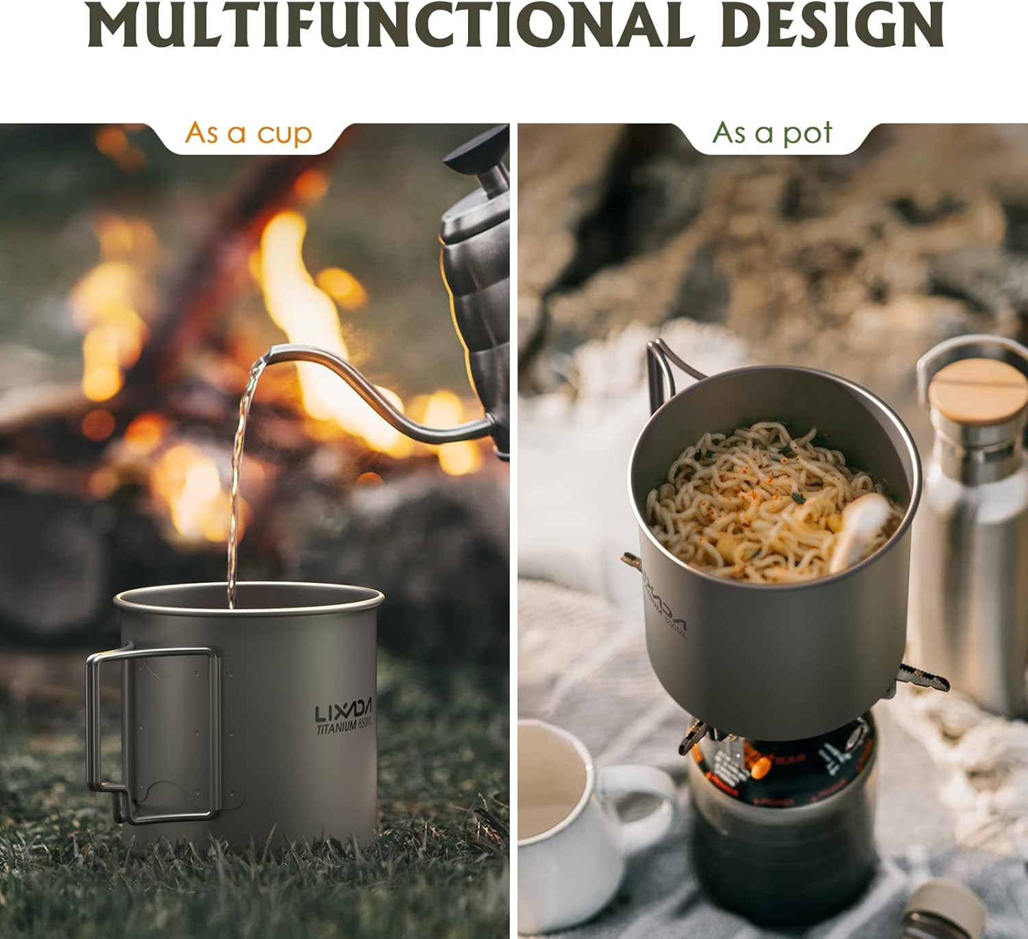 Lixada Titanium Pot, Lightweight Camping Pot Titanium Cup Titanium Backpacking Pot with Portable Foldable Handles for Outdoor Camping Hiking Backpacking