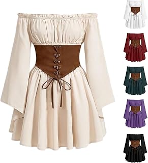 Renaissance Mini Dress Women Halloween Medieval Offer Shoulder Fairy Dresses Lace Up Bell Sleeve Victorian Costume