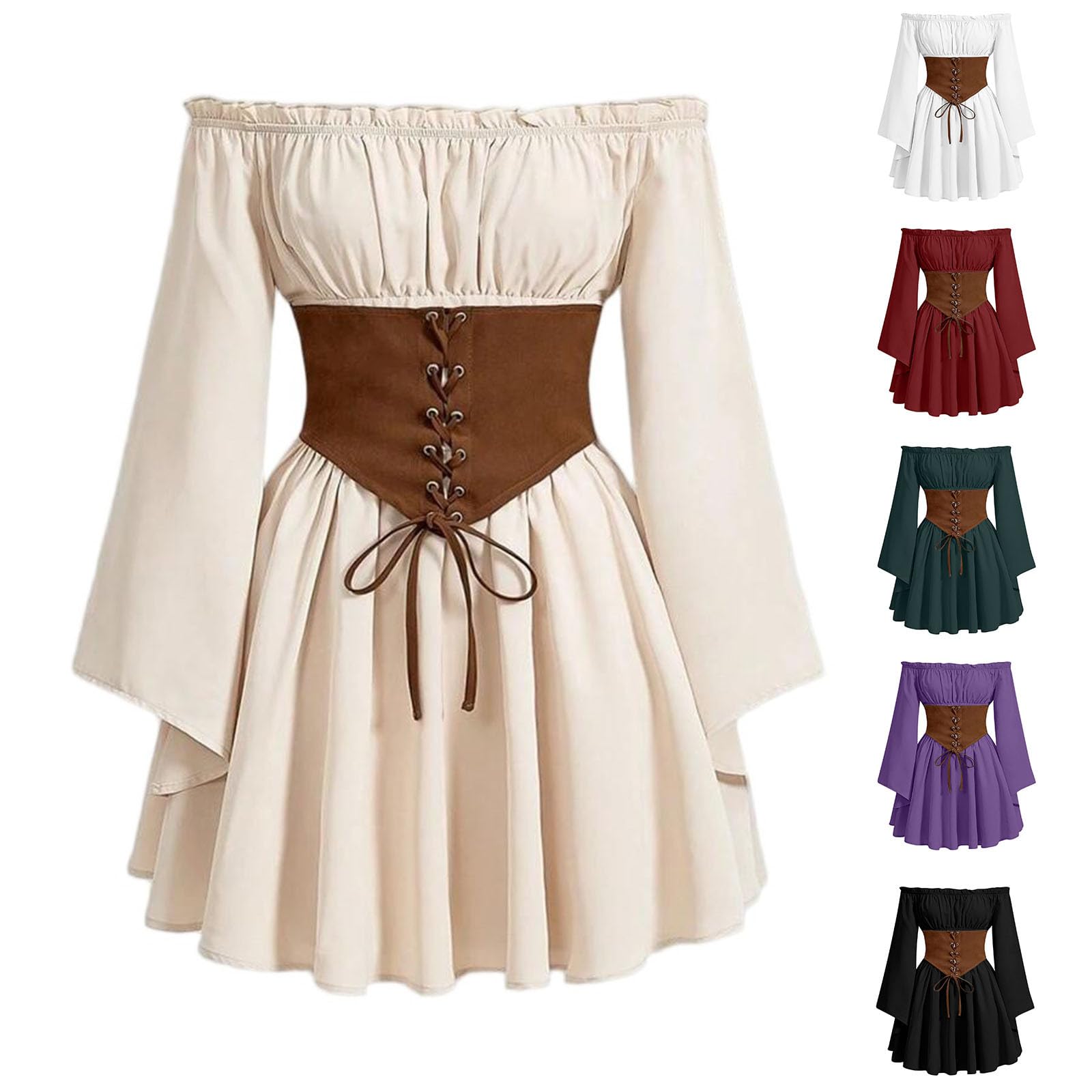 Womens Medieval Dresses Off Shoulder Mini Corset Dress Traditional Irish Dress Fairy Costume Renaissance Elf Ear Costume Elvish Cosplay Halloween Fancy Dresses Pirate Costumes Beige