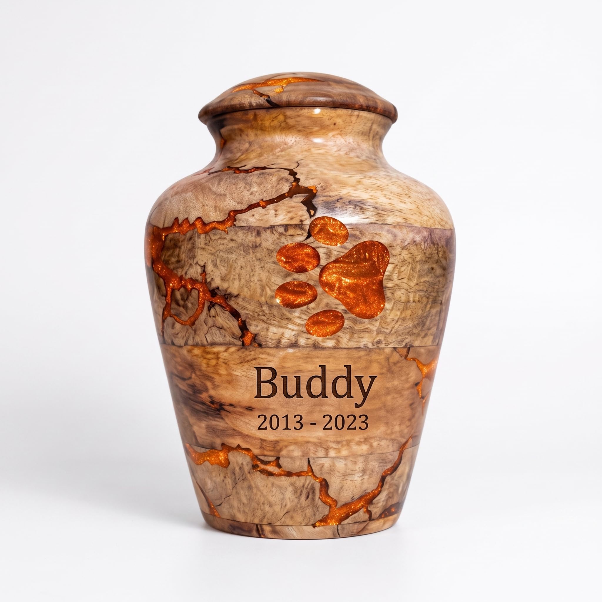 Emporium Crafts Wooden Urn - Personalized Pet Urns, Custom Cremation Urn - Memorial Keepsake Urn - Unique Decorative Urns, Resin Paw Inaly (Orange) โ image 1