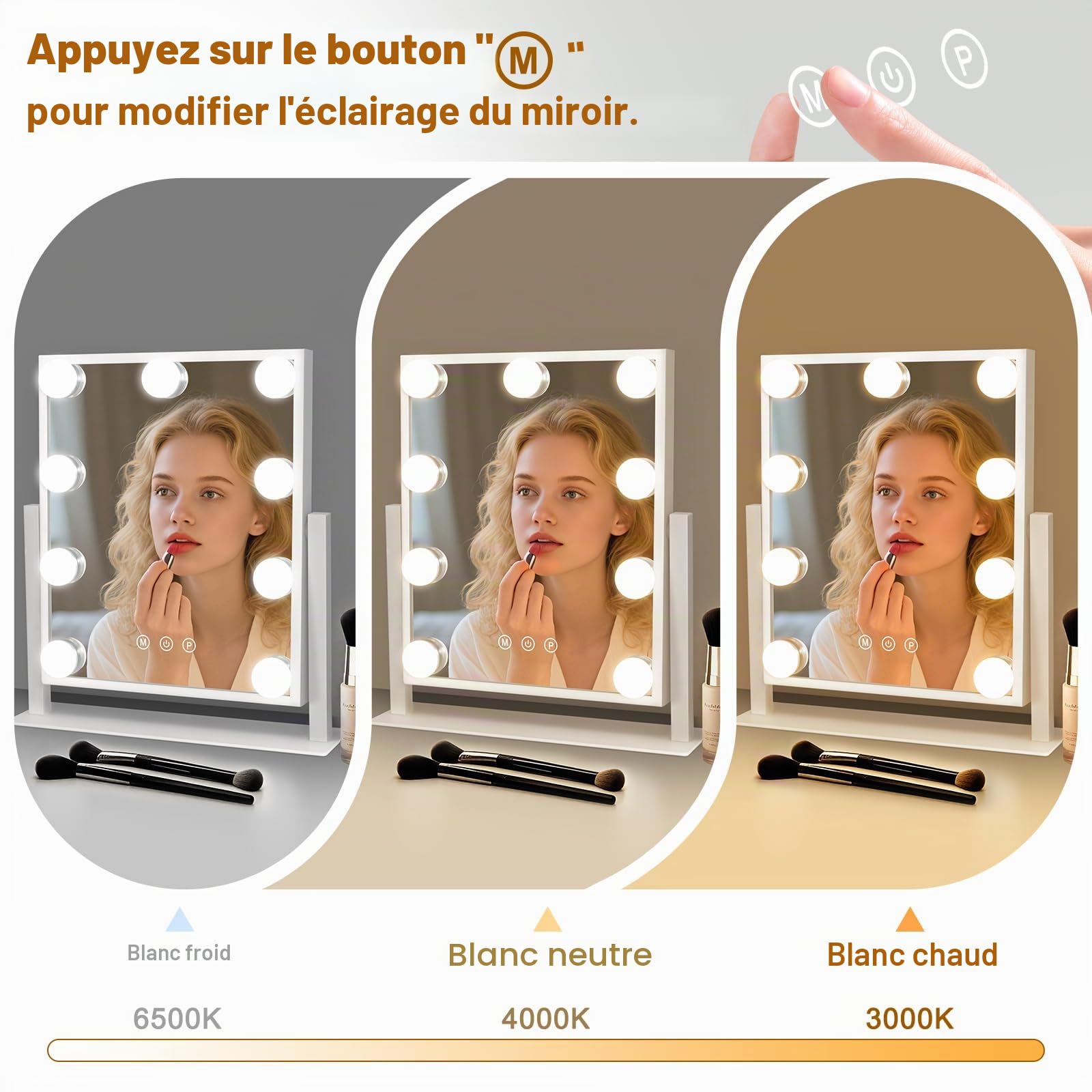 Miroir de Maquillage Hollywood avec éclairage LED 9 LED - Miroir vanité - Rotation 360° 3 Modes - Miroir de Coiffeuse Tactile