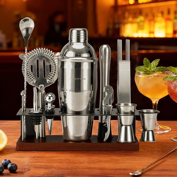 Cocktail Shaker Set Bartender Kit with Stand | 23-Piece Bar Set Drink Mixer Set with All Essential Bar Tools: Martini Shaker, Jigger, Strainer, Spoon, Pourers, for Home, Bar, Party (Chocolate-F)