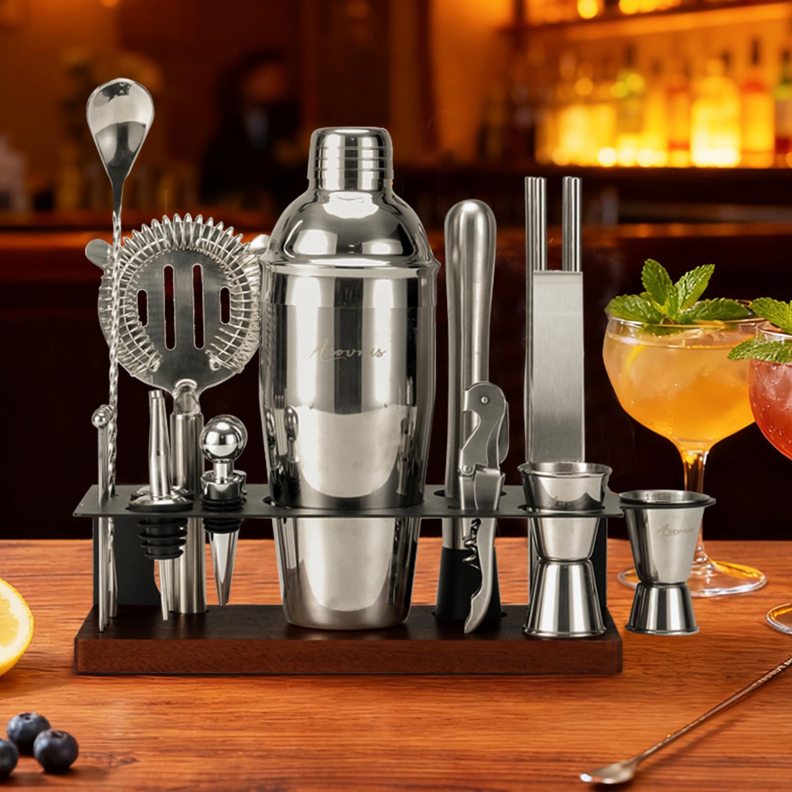 Kit shaker à cocktails avec support | Ensemble de 23 pièces pour barman avec tous les accessoires essentiels : shaker à martini, doseur, pour la maison, le bar et les fêtes (chocolate-F)