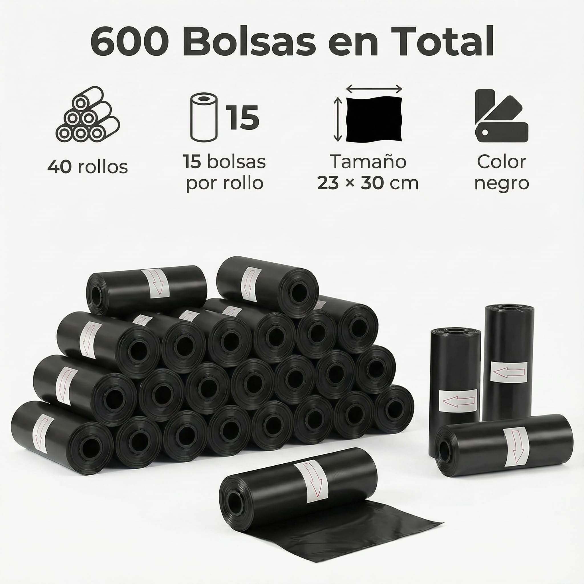 H HANSEL HOME Bolsas Caca Perro 600 Bolsas – 40 Rollos de Bolsas para Excrementos de Mascotas, Tamaño Grande 23×30 cm, Color Negro — view 2