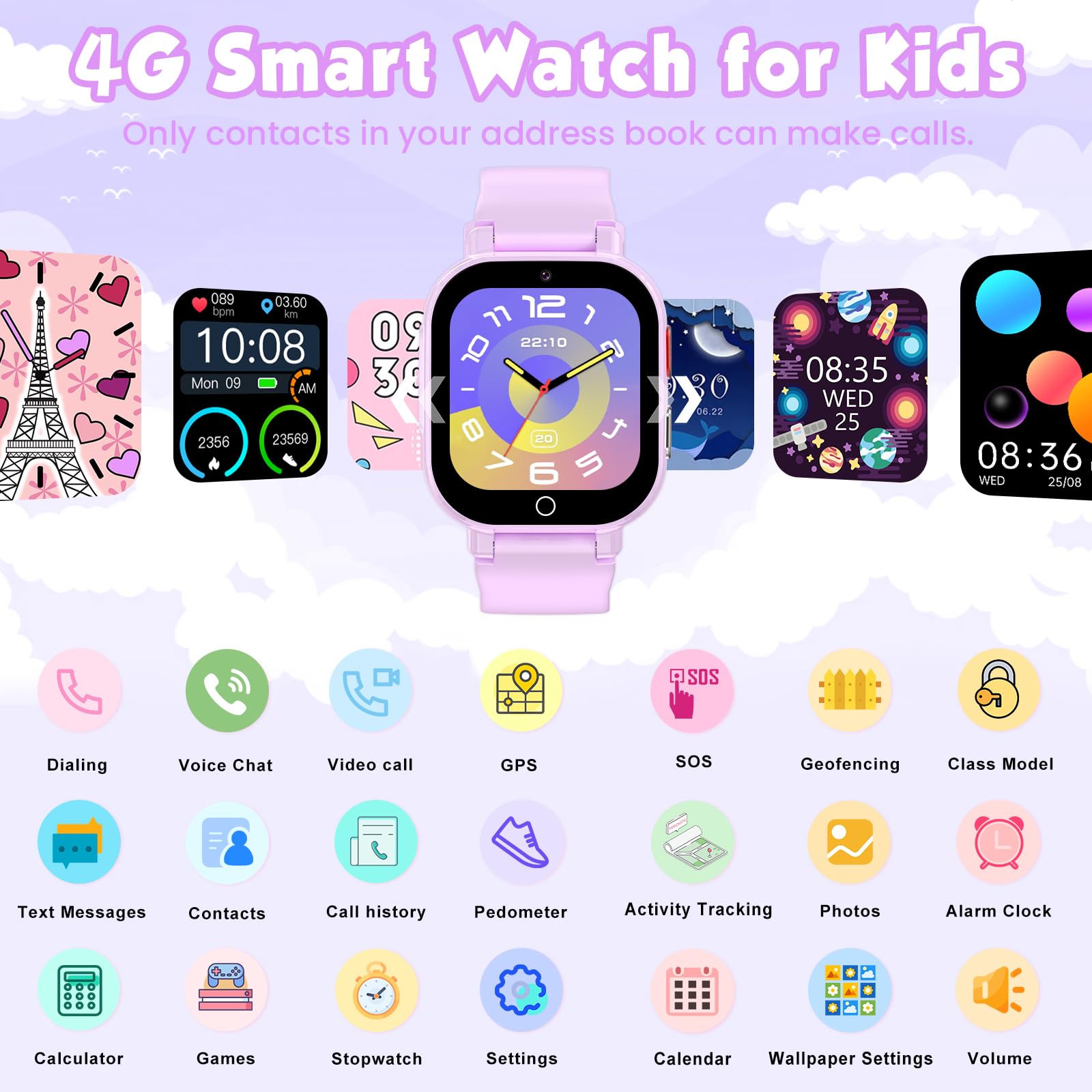 Montre Connectée Enfants GPS, 4G Smartwatch Téléphone pour Filles et Garçons avec Appel, Vidéo, SOS, Chat, Mode Classe Podomètre, Jeux, Réveil, Montre Intelligente Enfant 4 à 12 Cadeau (Violet)