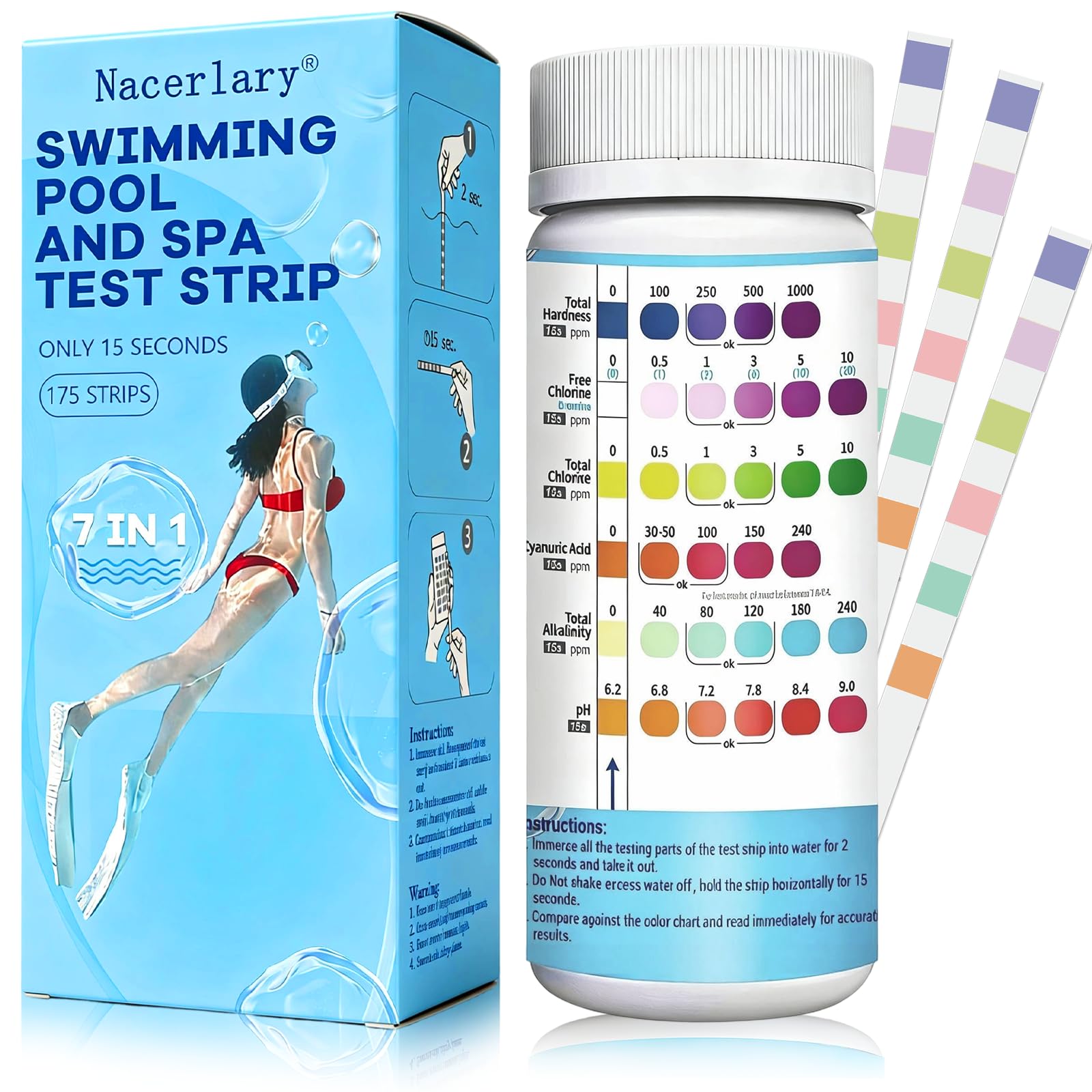 7-in-1 Hot Tub Test Strips, 175 Strips Pool Test Strips, Quick Water Testing for Swimming Pool & Hot Tub, Measures Chlorine, Bromine, pH, Alkalinity, Hardness, Water testing kit with Easy-Read Results