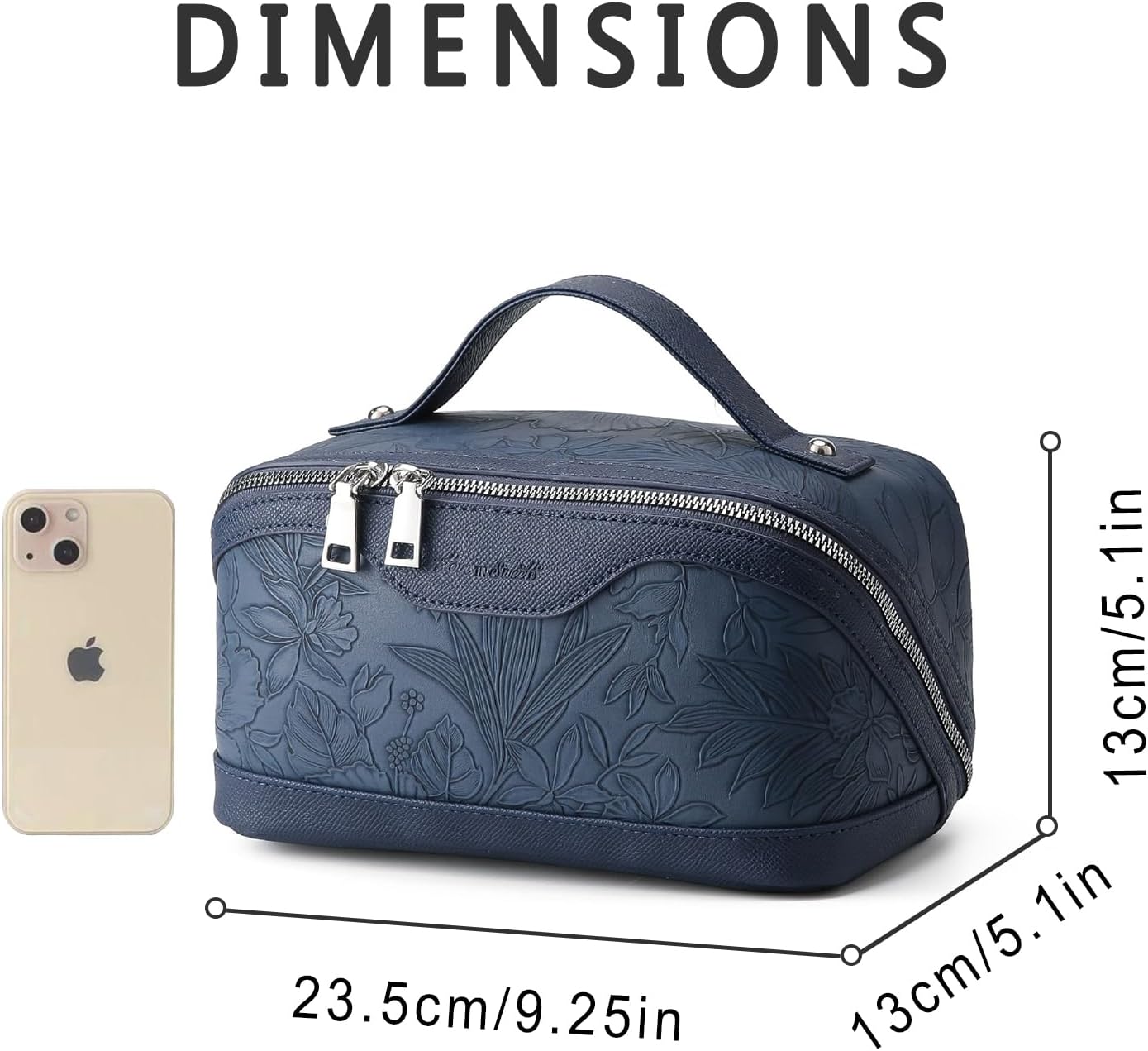 Travel Makeup Bag for Women PU Leather Cosmetic Organizer Toiletry Bag Large Capacity Wide Open Portable Storage Pouch with Divider & Handle (Dark Blue)