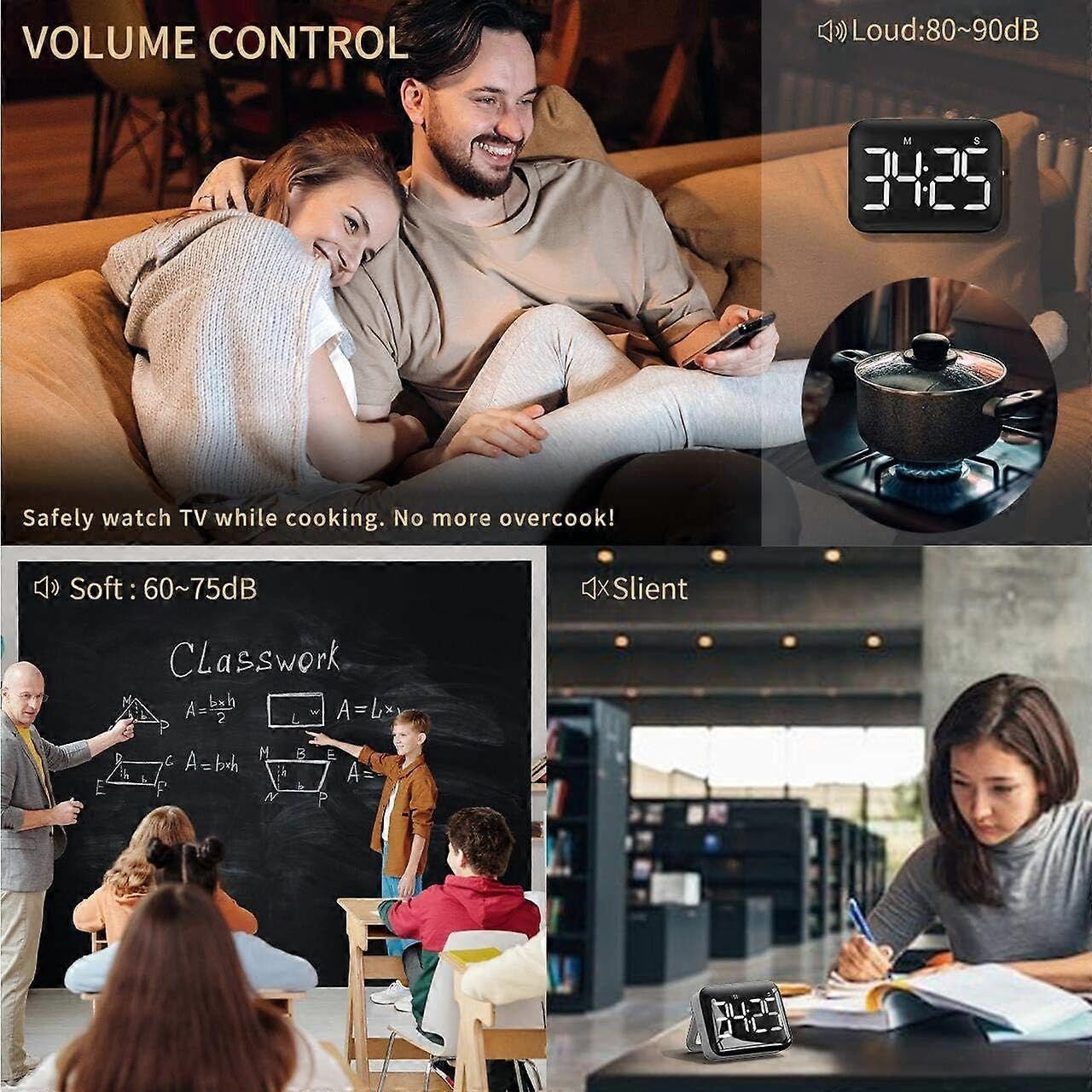 Temporizador digital de cocina con pantalla LED grande, temporizador magnético con brillo ajustable y soun
