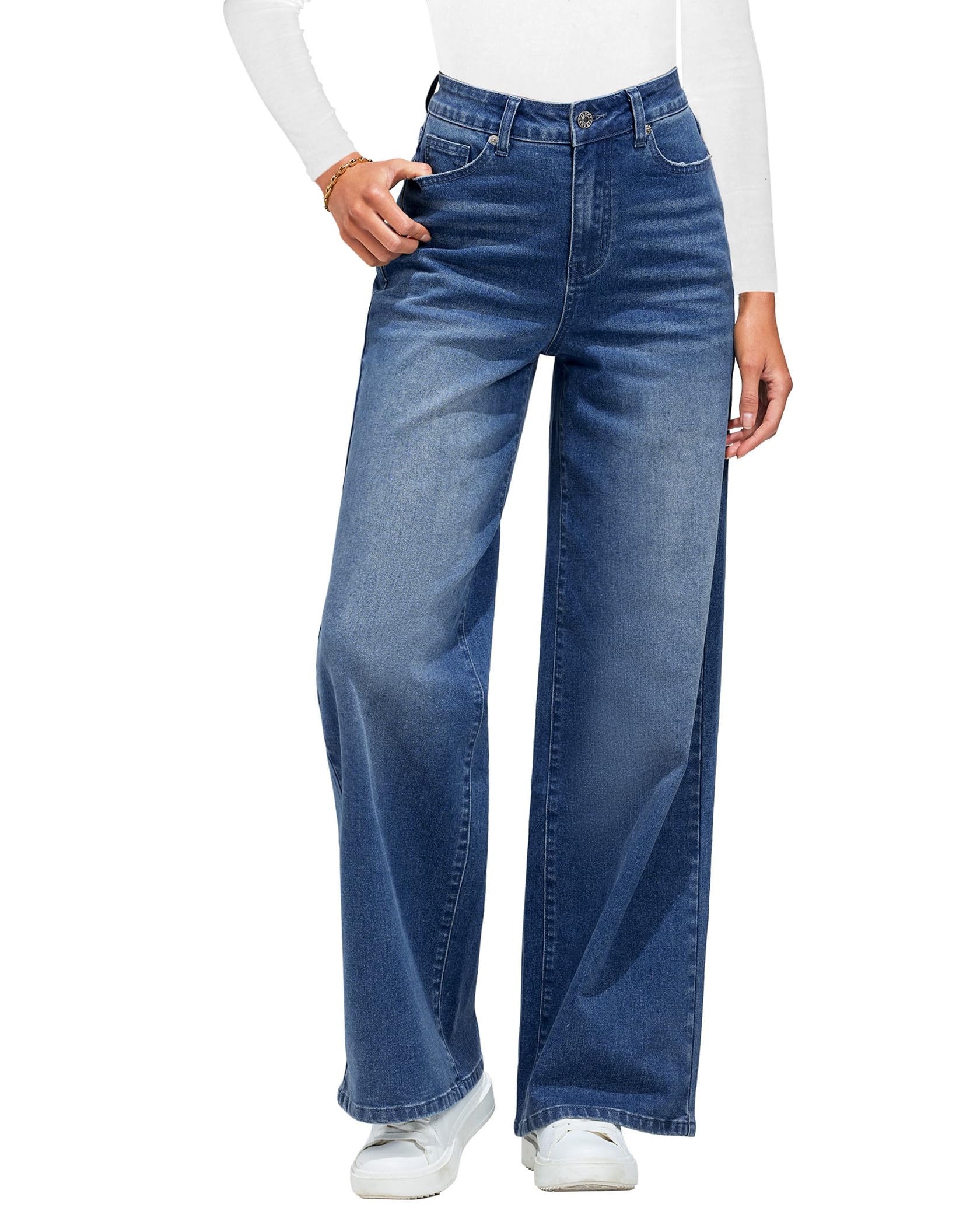 Roskiky Jean large pour femme, avec taille haute et poches, stretch, pantalon baggy années 1990