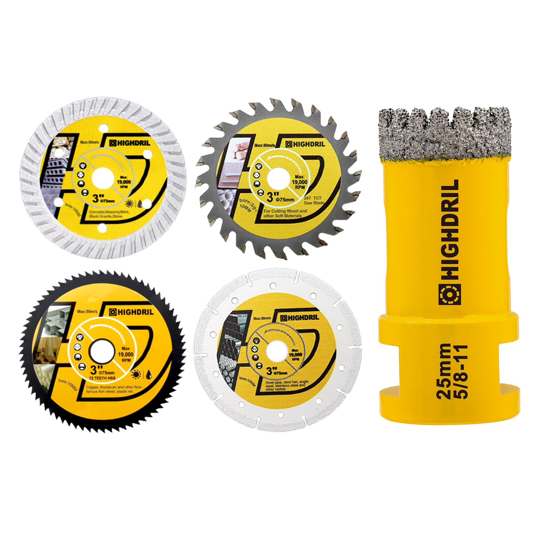 HIGHDRIL 3" 75mm Circular Saw Blade Set 4pcs - Diamond/HSS/TCT Cutting Disc for Angle Grinder Cutting Soft Metal Copper Aluminum Granite Tile Plastic Wood