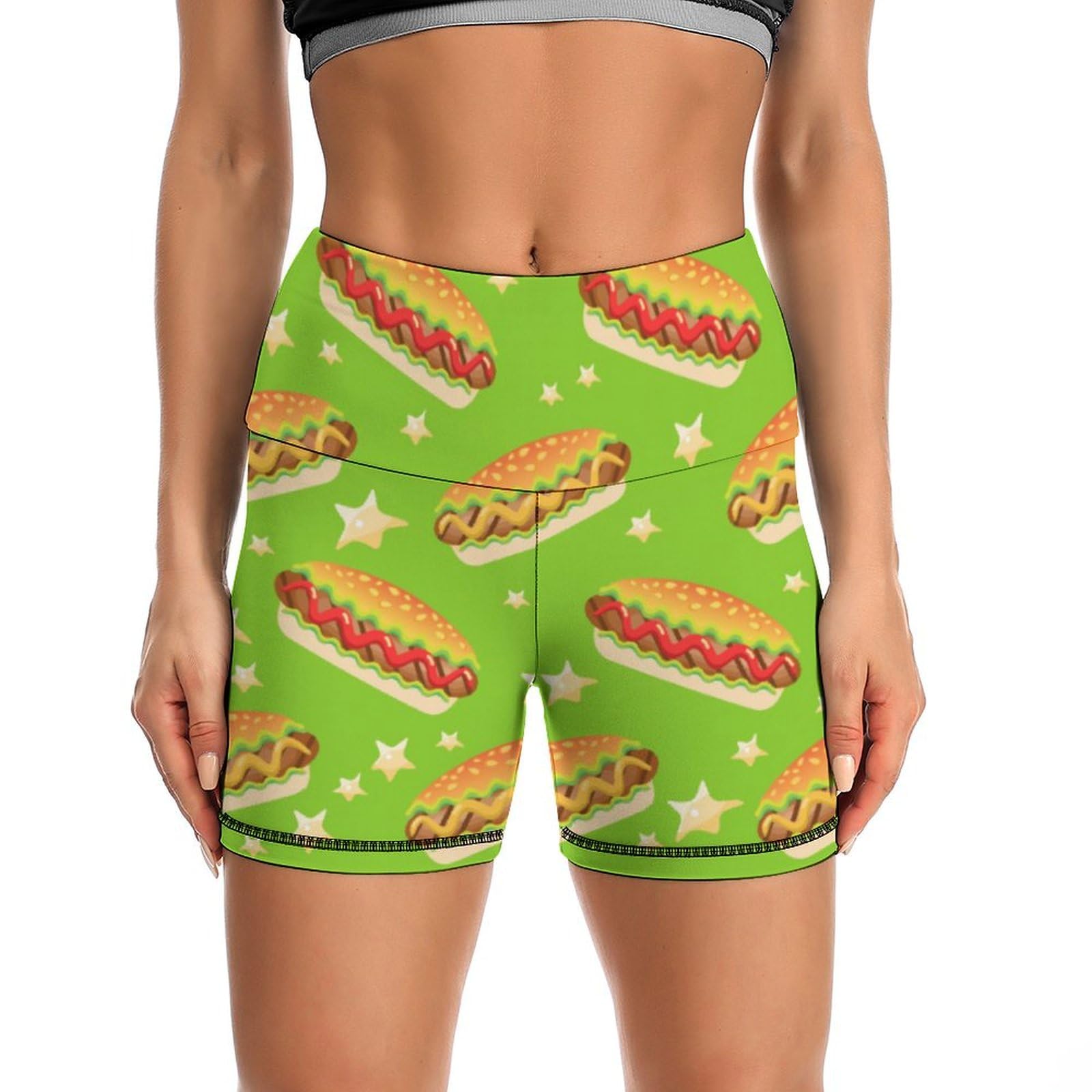 Funny Hot Dog Lover High Waist Yoga Shorts for Women Athletic Shorts Leggings Running Pants Black