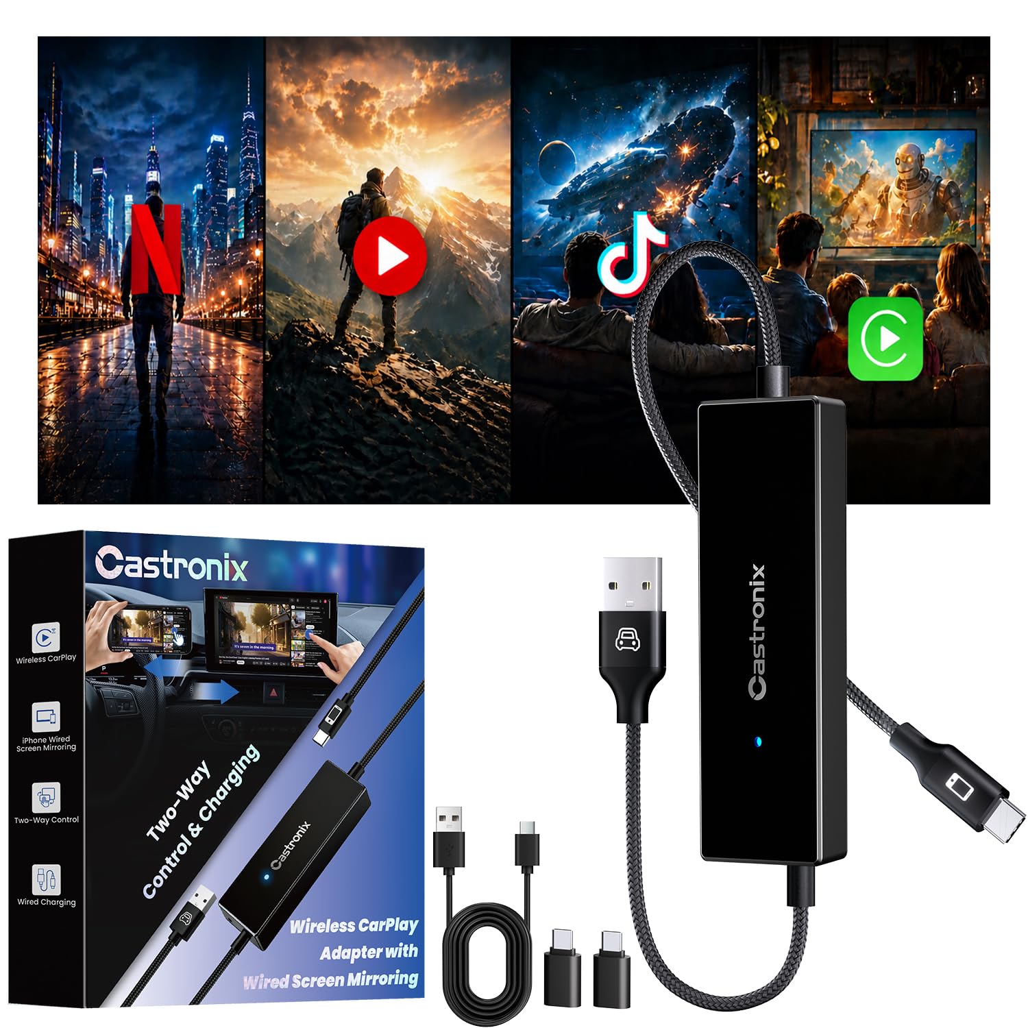 4-in-1 Wireless CarPlay Adapter for iPhone 15/16/17 & Newer, Wired Video Streaming, Screen Mirroring, Two-Way Control & Charging, Plug & Play for Factory Wired CarPlay (Black)-image-22