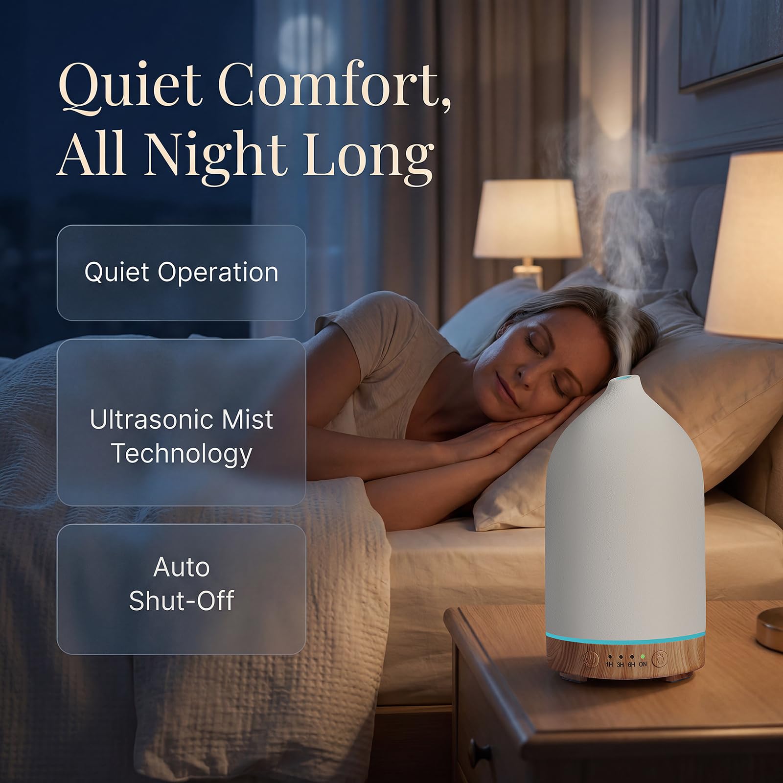 Gooamp Diffusore di oli essenziali in ceramica da 200 ml (set da 2) – Aromaterapia ad ultrasuoni e umidificatore con luci LED a 7 colori, spegnimento automatico, base con venature del legno, timer 1H