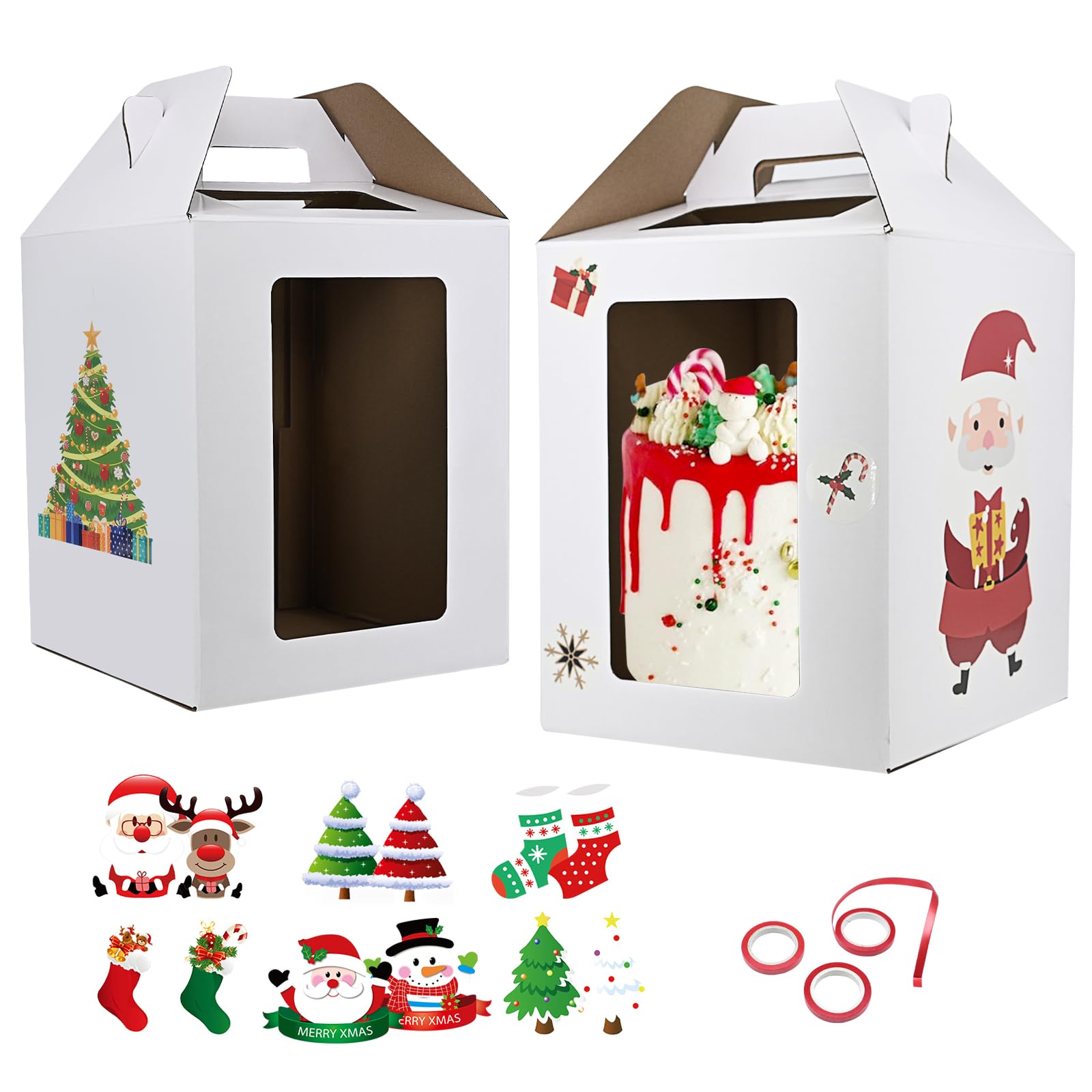 KBGChristmas Tall Cake Boxes 6Pcs In 2 Sizes 10x10x12&12x12x14 Inches,Tiered Cake Box,White With Window&Handle Tall Cake Boxes for Tier Cakes for Christmas New Year Holiday Party Transport