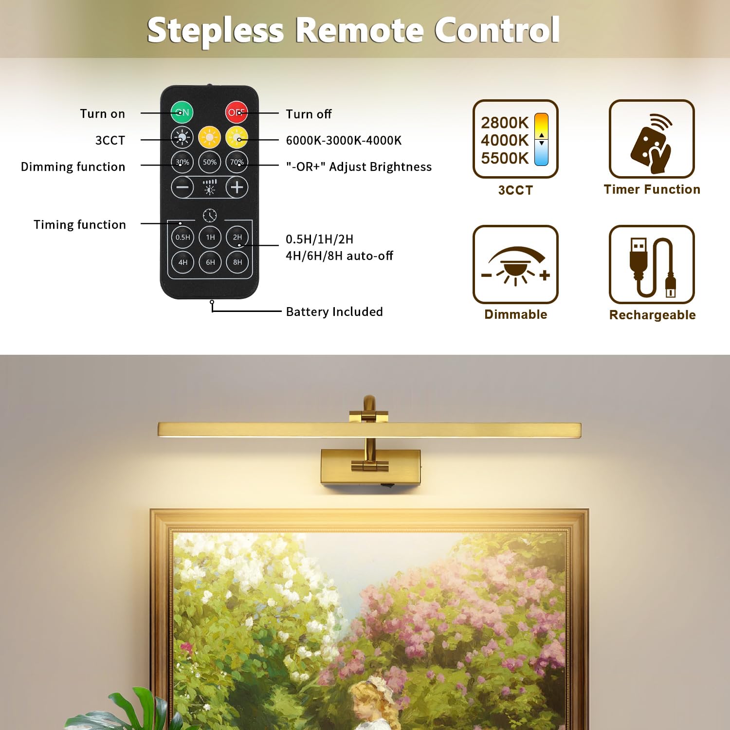 Lampes murales sans fil à piles, éclairage d'art en laiton pour peintures, lumières de galerie rechargeables avec télécommande et minuterie, lumières de peinture à intensité variable 3CCT pour œuvres