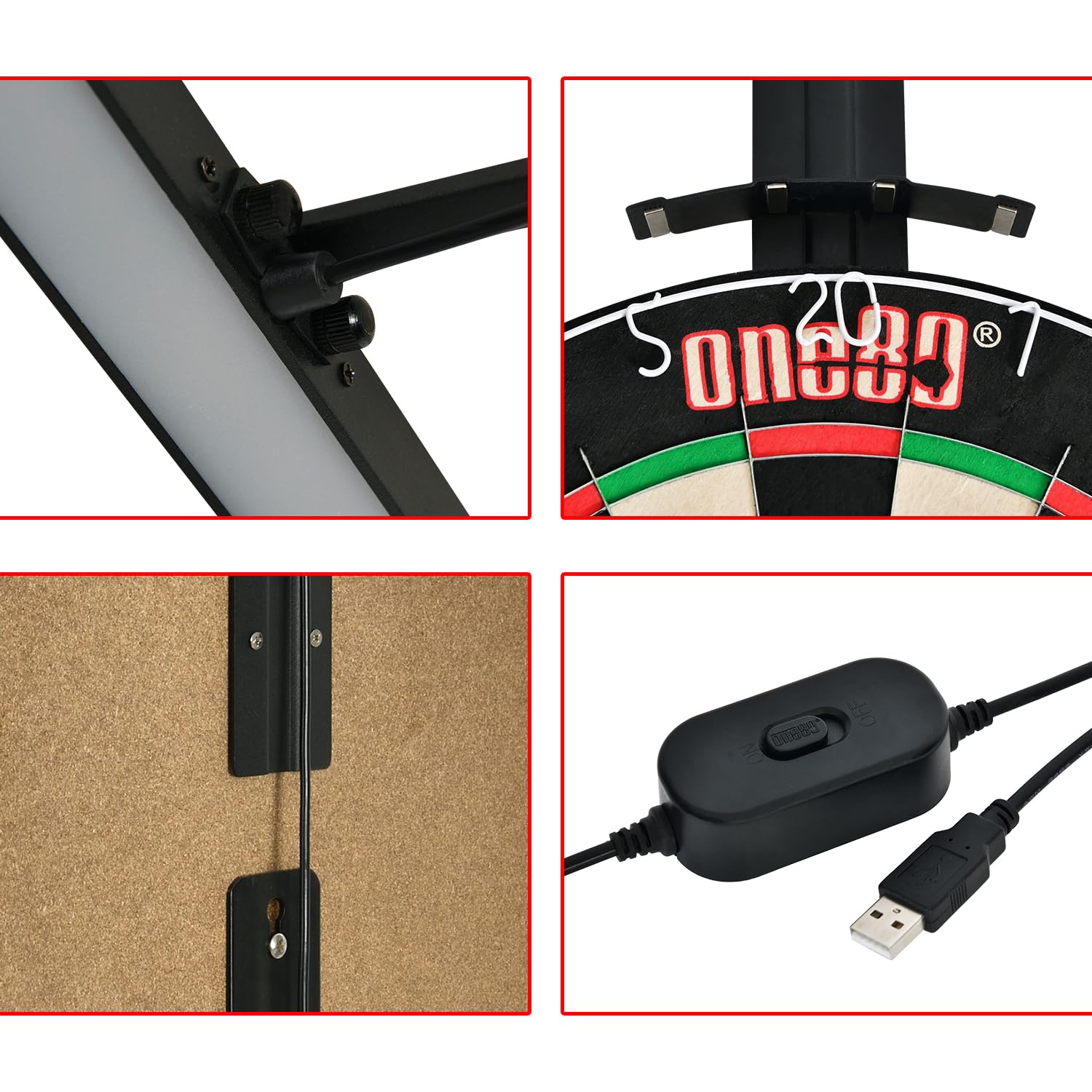 ONE80 Illumina Cible de fléchettes avec système d'éclairage Vision claire et niveau à bulle inclus Cible de fléchettes et contour non inclus