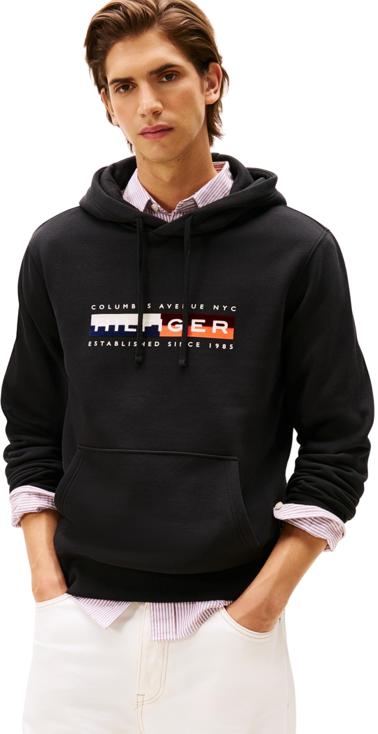 Tommy Hilfiger Men’s Colour Block Graphic Hoodie with Logo, Black (Black), XL