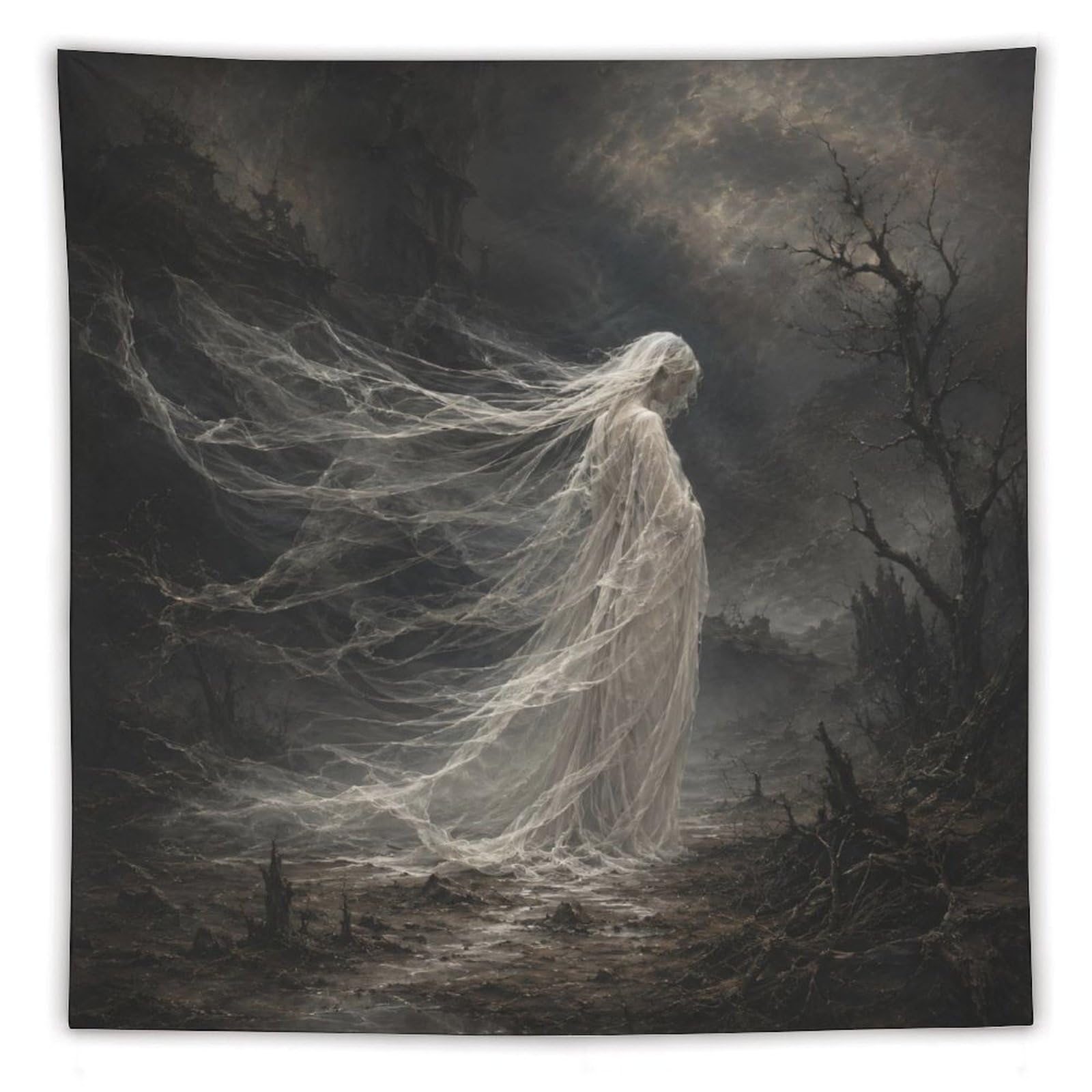 H3B8U2Y5 Stormy White Ghost Wall Tapestry, Dark Fantasy Illustration Style