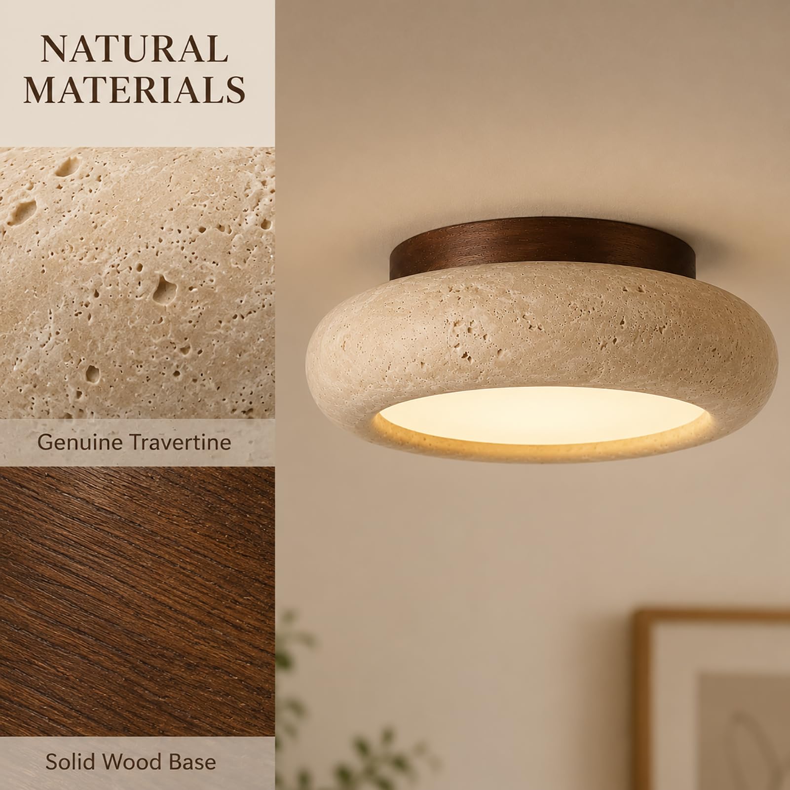 Plafoniera in Travertino Wabi Sabi, Lampada Japandi in Pietra e Legno