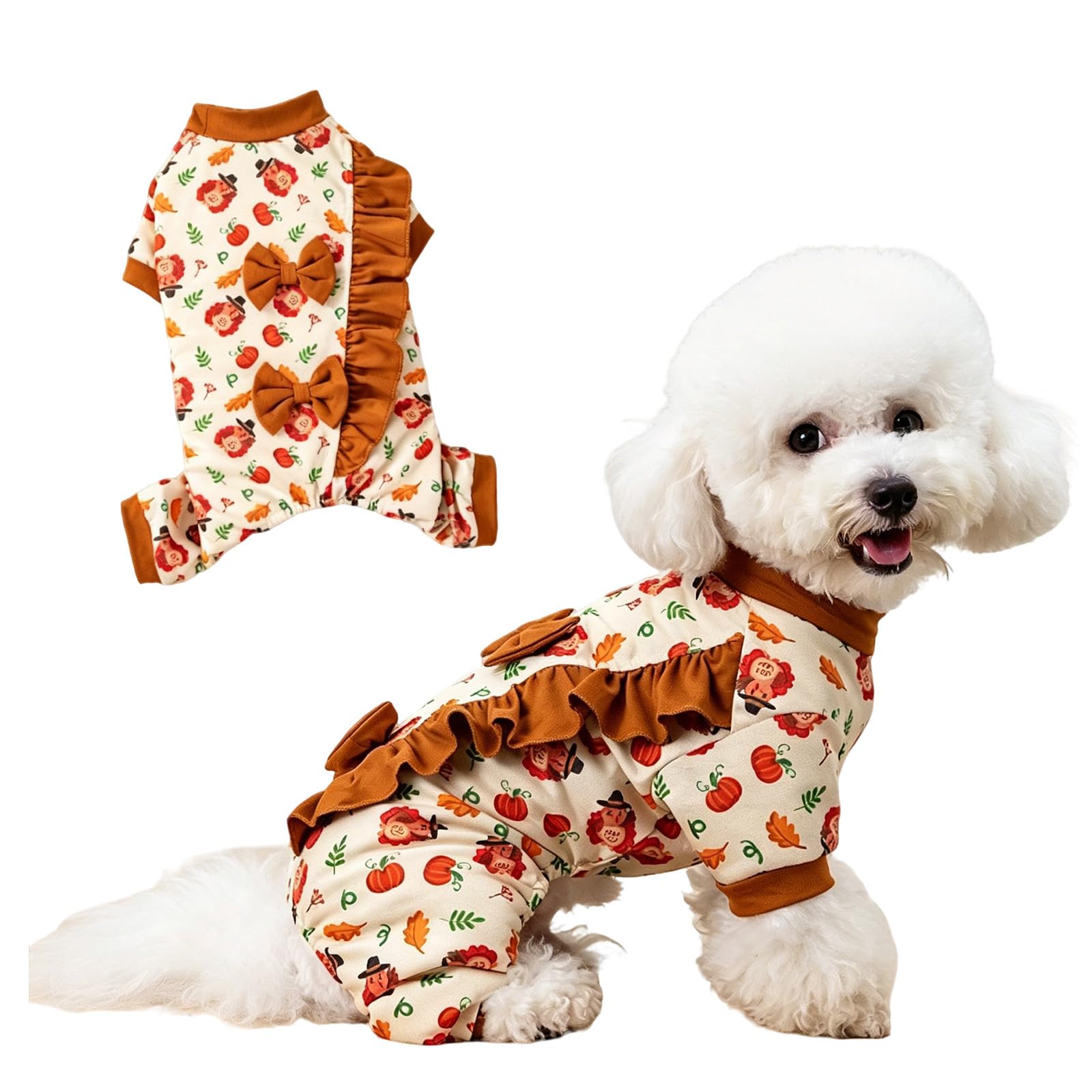 Beyinkoy Dog Pajamas, Turkey & Pumpkin Print Dog Onesies with Ruffles, Comfortable and Stretchy Pet Thanksgiving Outfit, Halloween Pet Romper for Small Pet Puppies Doggie (M)