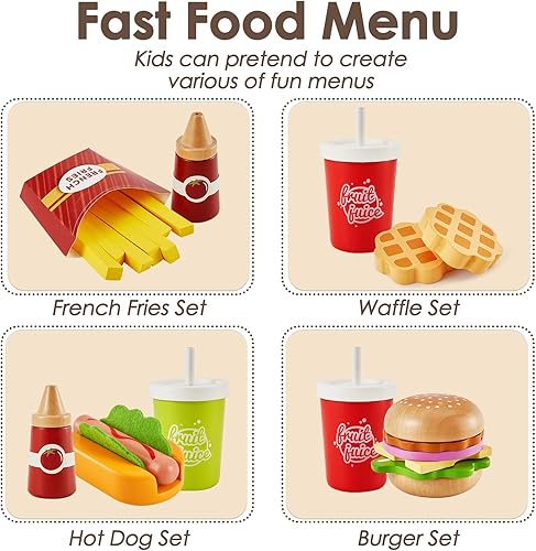 Miniatura 3 de BUYGER Juego de accesorios de cocina con juguete de hamburguesa de comida rápida, plástico y madera, vajilla de cocina, juego de simulación,