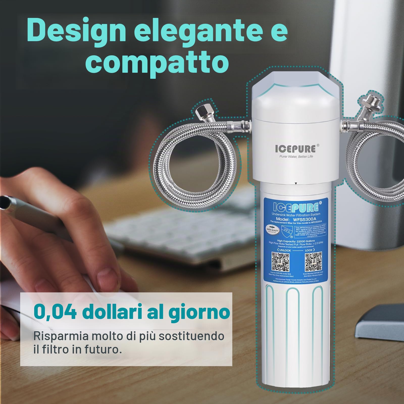 ICEPURE Sistema di filtraggio dell'acqua sottobanco- Collegamento diretto, rimuove il 99,99% di cloro, elevata capacità di riduzione del cloro di 22.000 galloni, migliora sapore e odore, USA Tech