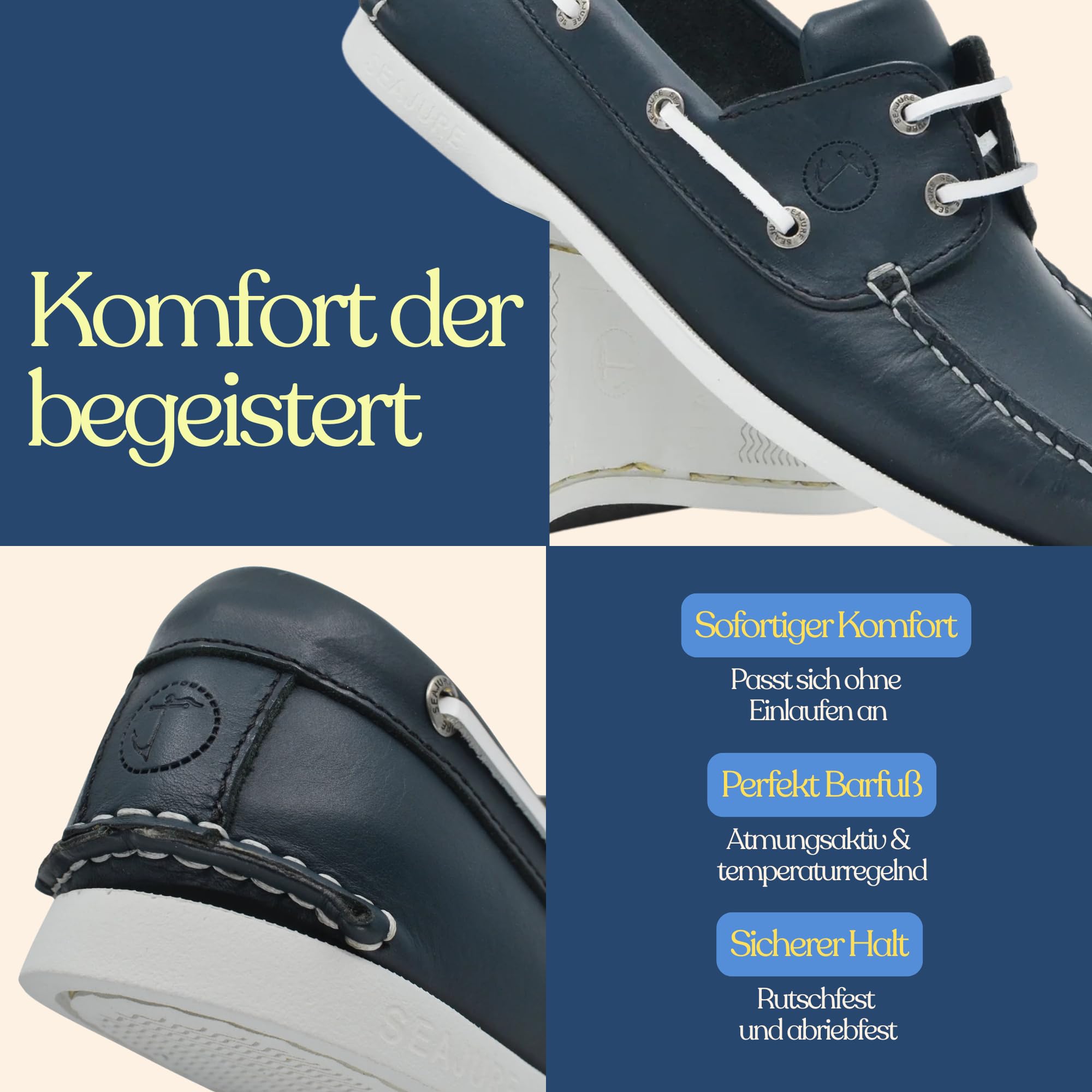 Seajure Watamu Bootsschuhe Herren Leder, Handgefertigte Segelschuhe und Mokassins, Non-Marking Gummisohle, Bequeme Maritime Sommer Slipper, Freizeitschuhe und Echtleder Deckschuhe Marineblau