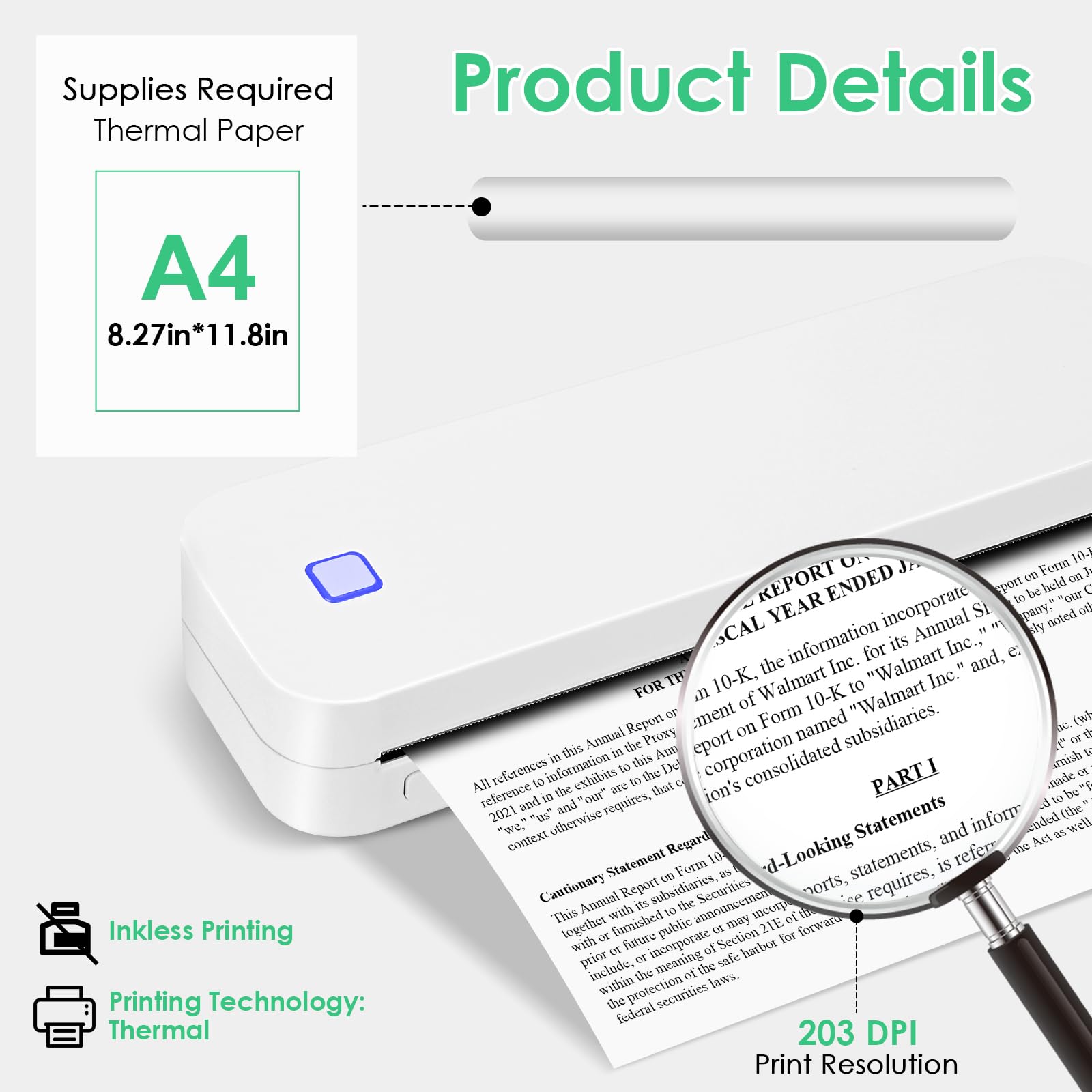 Imprimante Portable Bluetooth Thermique A4 210x297mm Compatible Android iOS Blanc