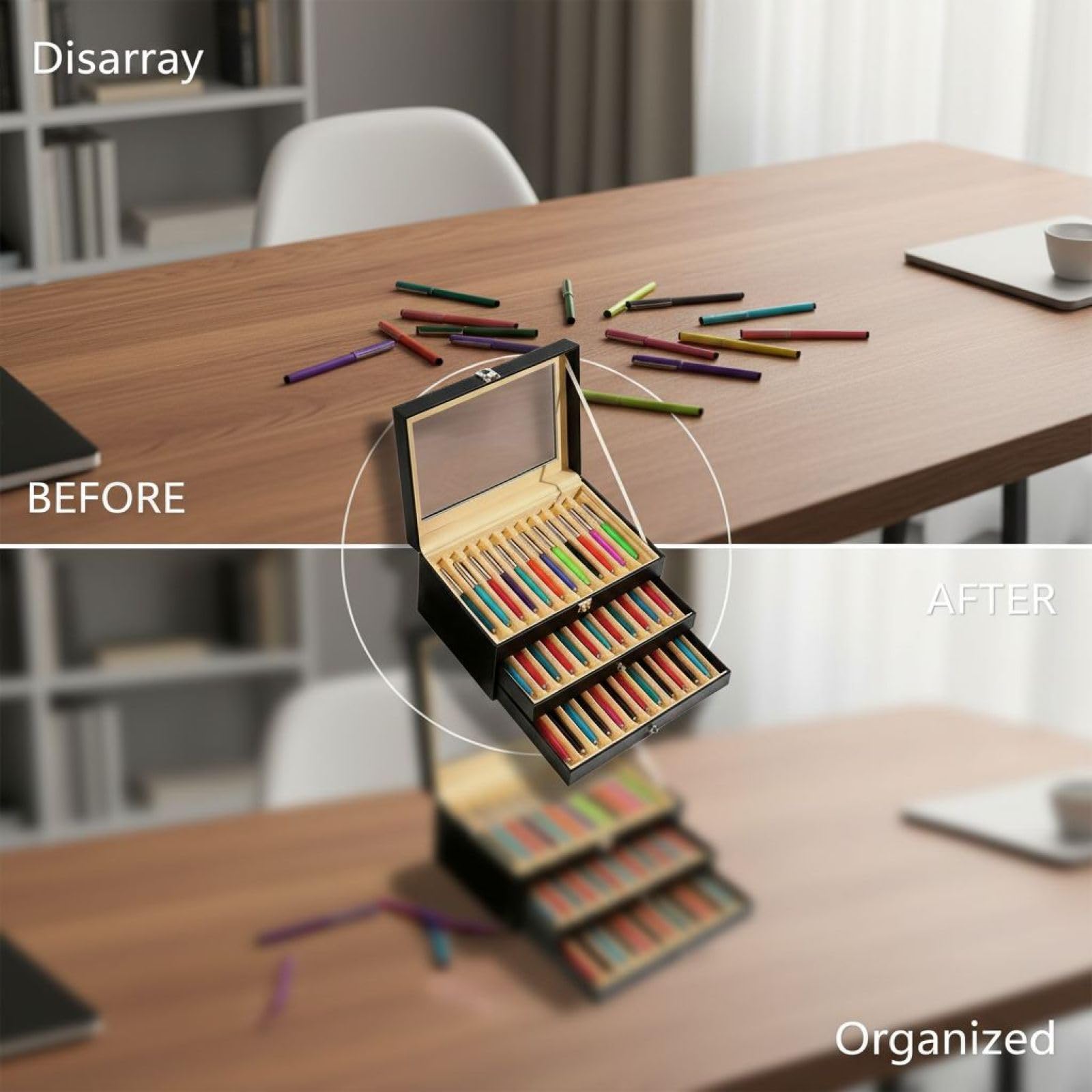 Skórzany organizer na 36 przegródek, 3 warstwy, pudełko ekspozycyjne na pióro wieczne ze szklanym blatem, 31 x 20 x 13 cm, idealny do przechowywania, na wystawę, prezent