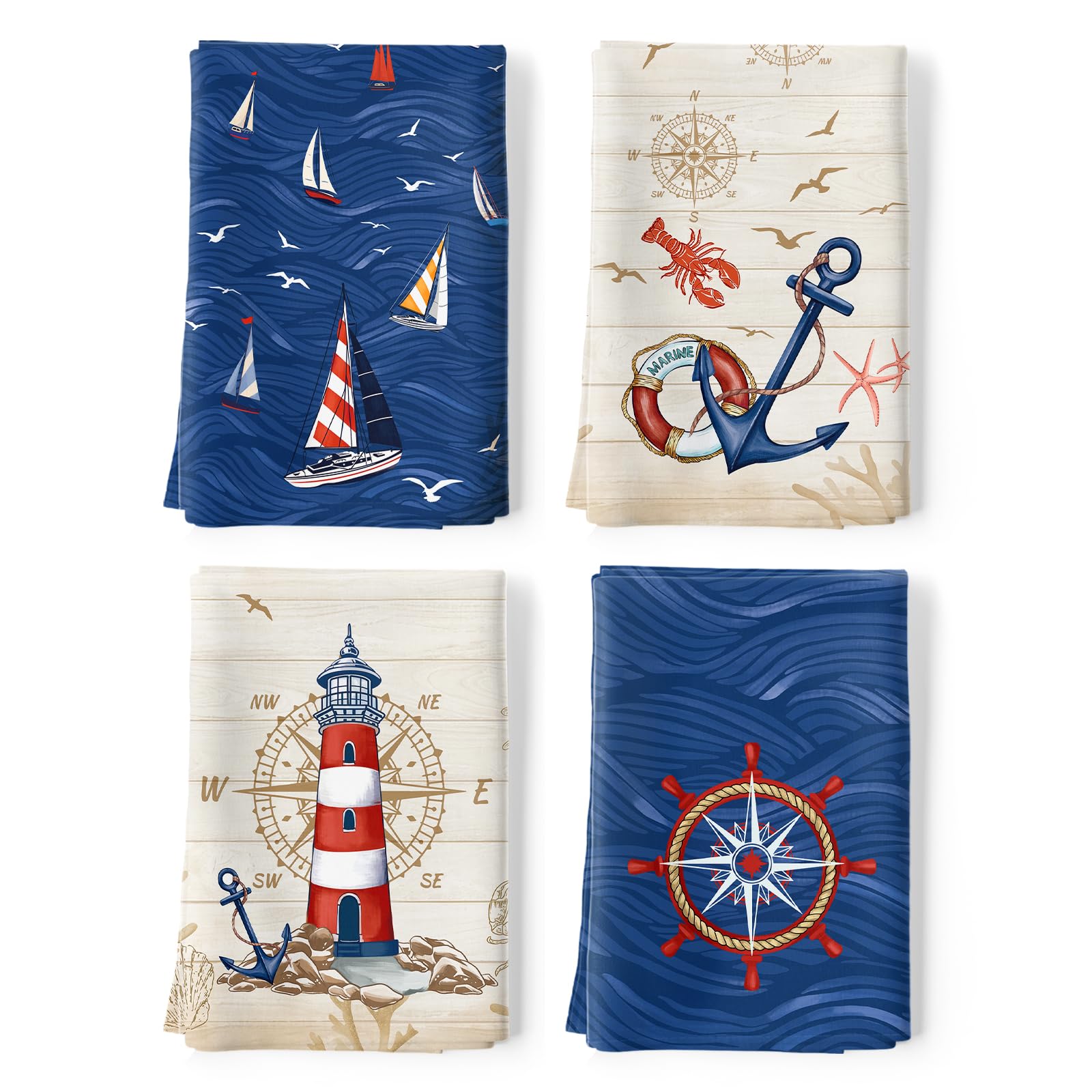 Arquiel Nautical Lighthouse Tea Towels 100% Cotton Quick Dry Navy Blue Kitchen Towels, 48 x 70 cm Absorbent Dish Cloth for Kitchen Home Decor, Housewarming, Birthday Gifts for Women, Set of 4 — image 1