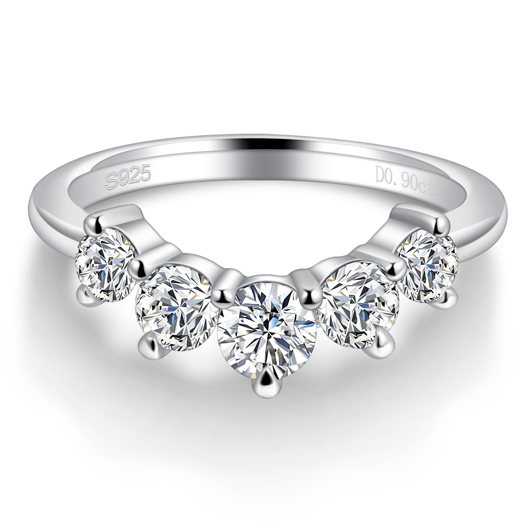 Hitlinker Moissanite Wedding Band for Women 5 Stone Stackable Moissanite Half Eternity Ring Curved 18K White Gold Plated 925 Sterling Silver Round Cut