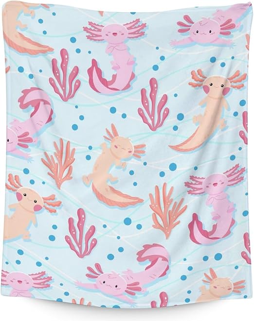 Girl Blanket - 40x50 Inches Cute Axolotl Throw - Light Blue Soft Fuzzy Blankets for Bed, Couch & Living Room