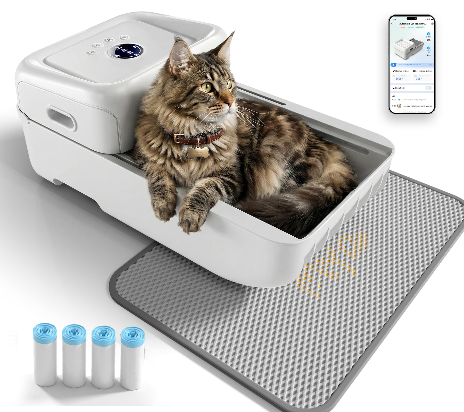 Open Top Self Cleaning Cat Litter Box, Automatic Litter Box for Multiple Cats with APP Control and Safety Protection