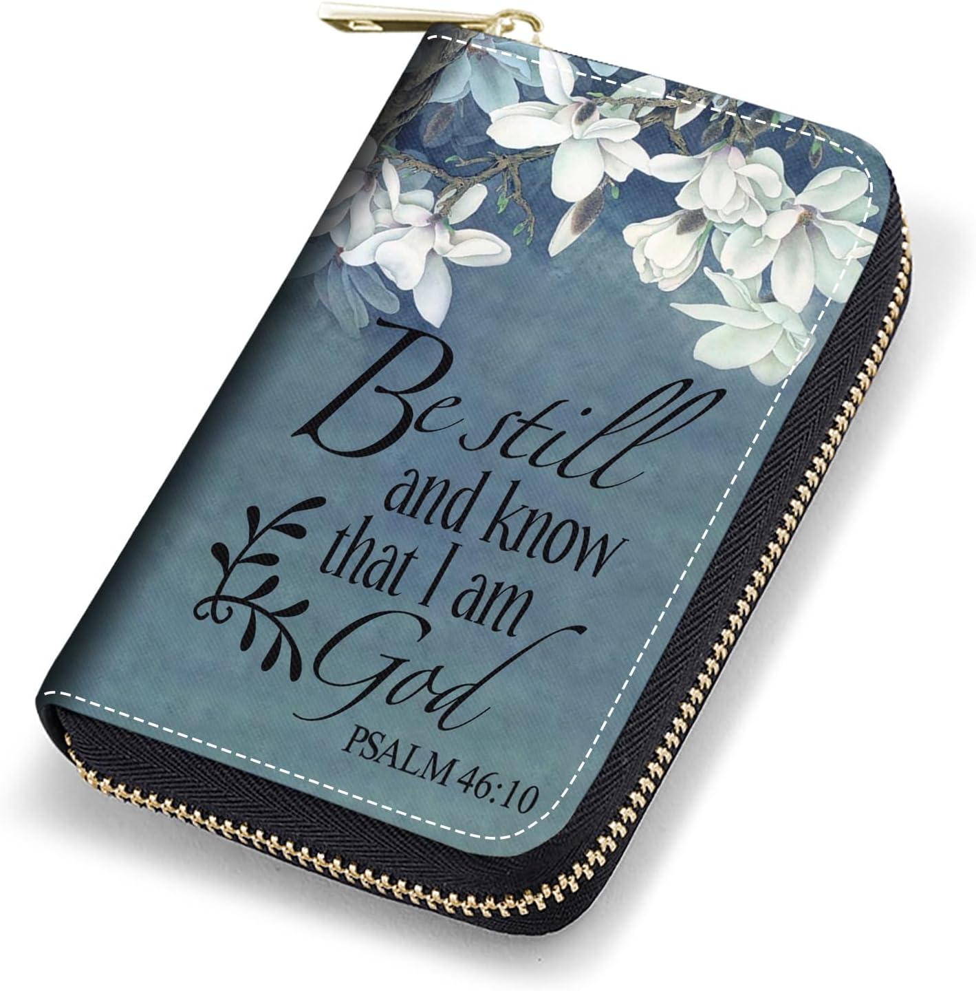 Credit Card Holder Wallets for Women, RFID Blocking Small Leather Card Case Wallet with Zipper Accordion Wallets, Floral Quote Bible Verse Psalm 46:10