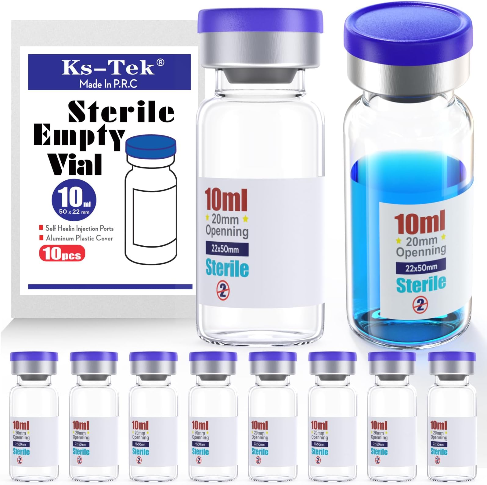 Ks-Tek Sterile Empty Vials with Self Healing Injection Port,with Flip Off Aluminum Cap,Sterile Package (10ml,10)
