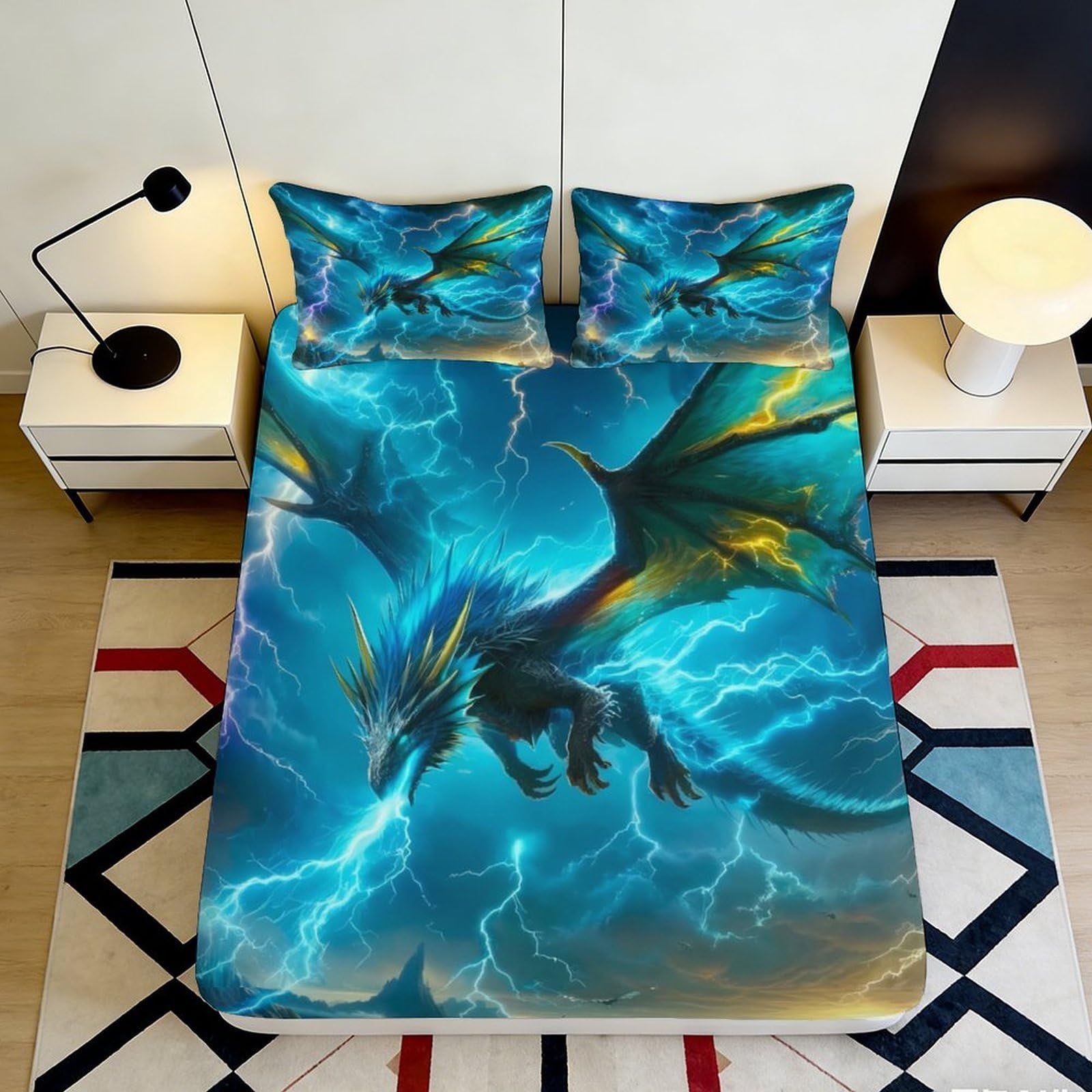 3D Printed Blue Thunder Dragon Fitted Sheet Microfiber Soft Mattress Cover Lightning Decor for Bedroom Dorm 90x200x25cm