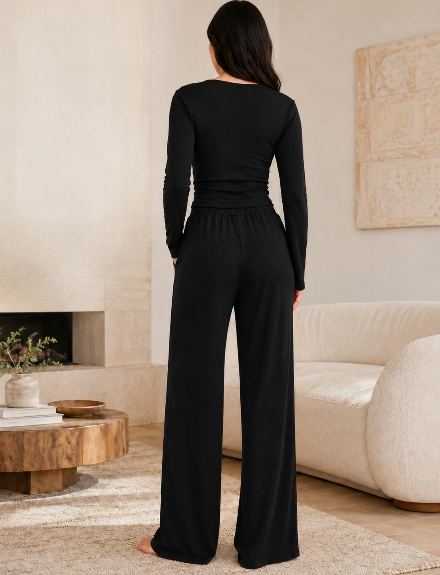 Ensemble De Pyjama Femme Deux Pièces Loungewear À Col V Et Taille Ajustée Confortable pour La Maison