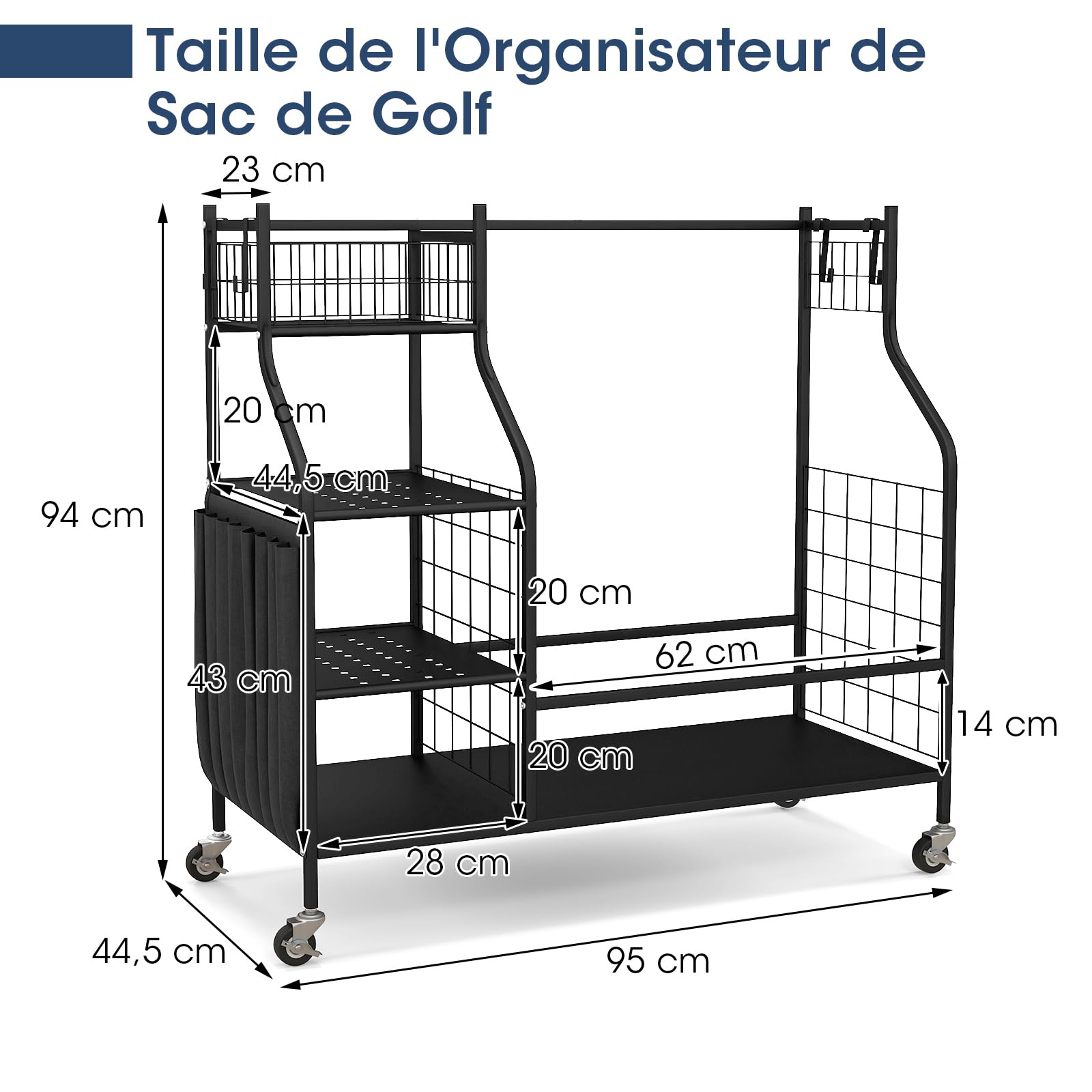 GOPLUS Organisateur de Rangement pour Club de Golf, Étagère de Rangement avec Roues Verrouillables pour 2 Sacs de Golf et 8 Clubs de Golf, 1 Panier, 3 Étagères et 4 Crochets
