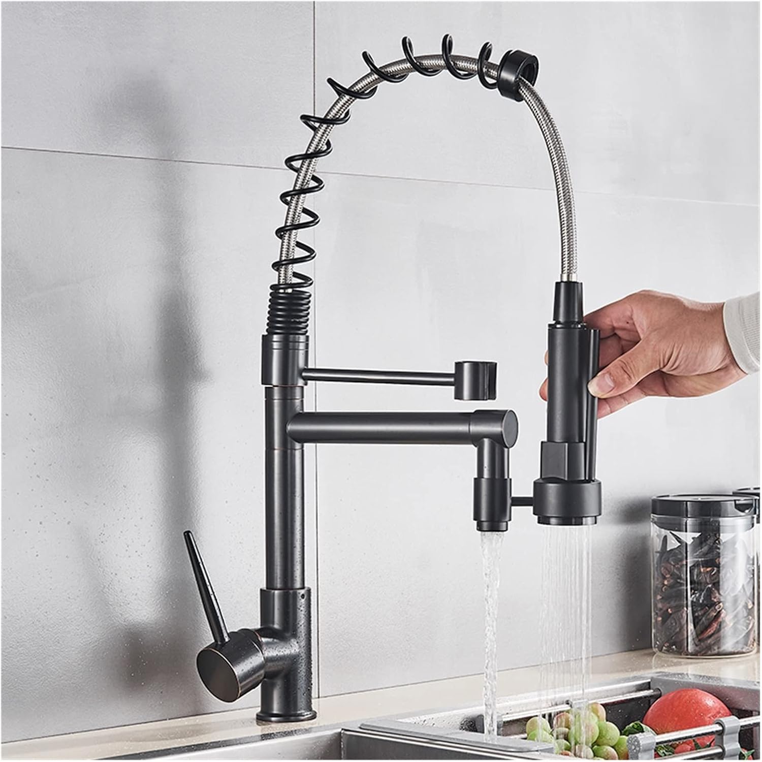 Blackend Spring Kitchen Faucet Pull Out Side Sprayer Dual Spout Single Handle Mixer Tap Sink Faucet 360 Rotation Kitchen Faucets(Matte Black A)