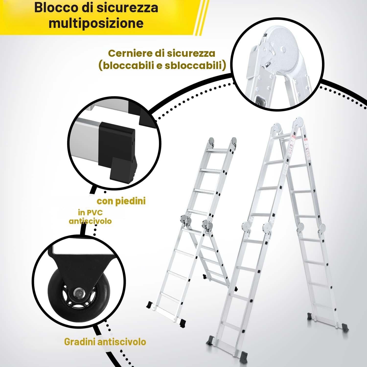 4 x 5 Scala multiuso pieghevole da 582 cm, 7 in 1 Scala Multifunzionale Alluminio con 2 piattaforma + Doppia puleggia, fino a 150 kg