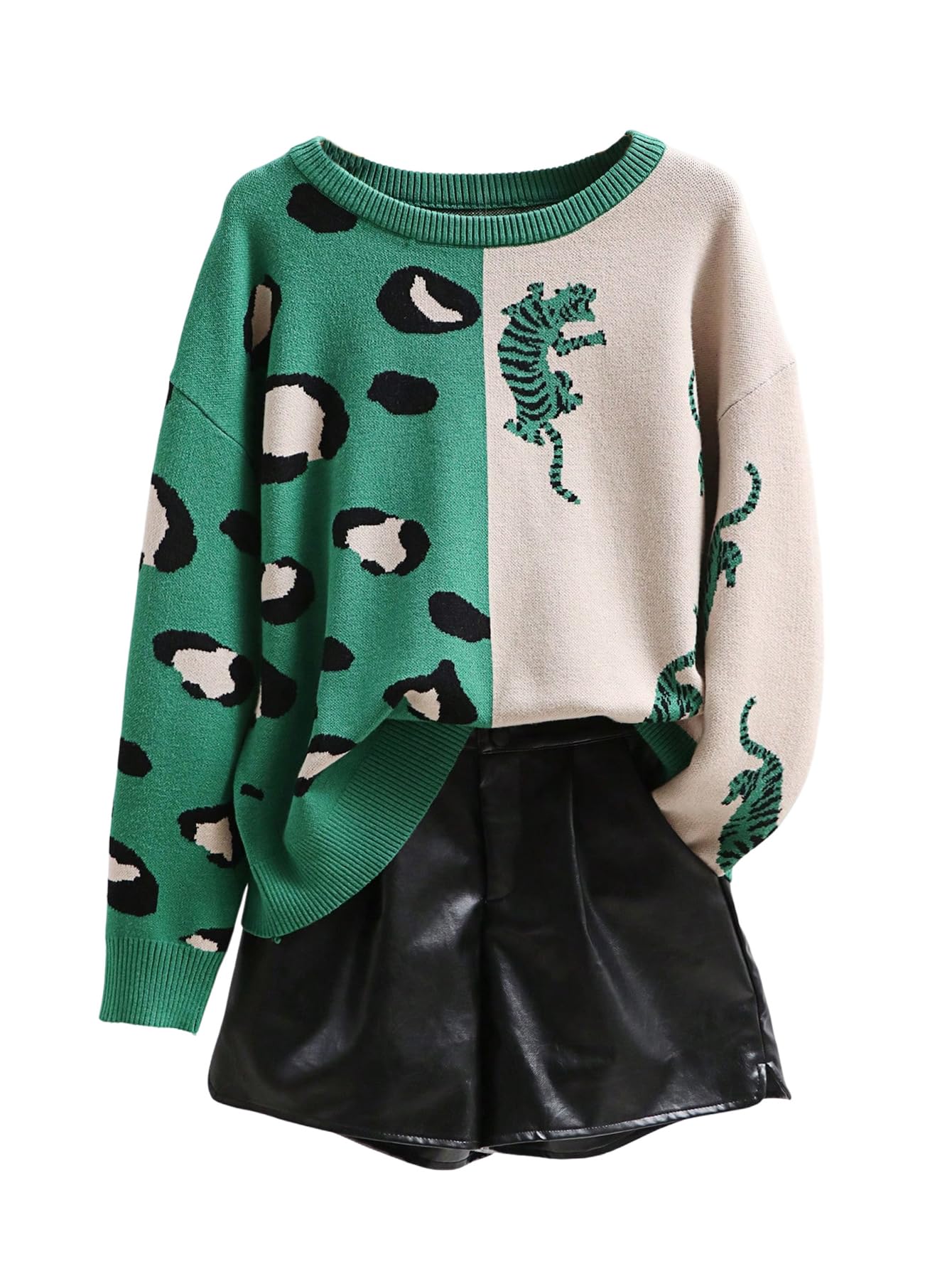 WDIRARA Womens Leopard Tiger Print Sweater Color Block Crew Neck Long Sleeve Pullover Knit Top