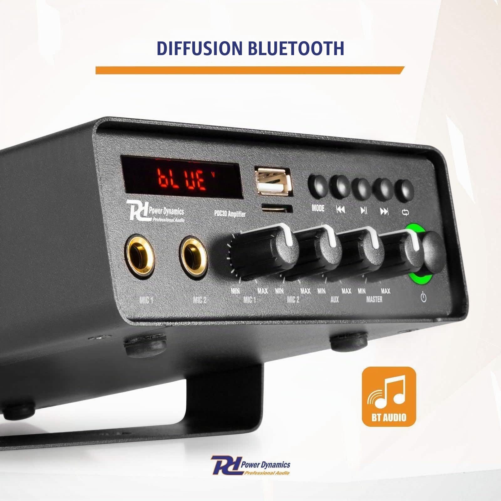 Power Dynamics PDC30 - Amplificateur avec Bluetooth 30W, Connexion Jack 6,3mm, Connexion RCA, Lecteur MP3, Port USB, Micro SD, Idéal pour Écouter de la Musique à la Maison ou en Voiture