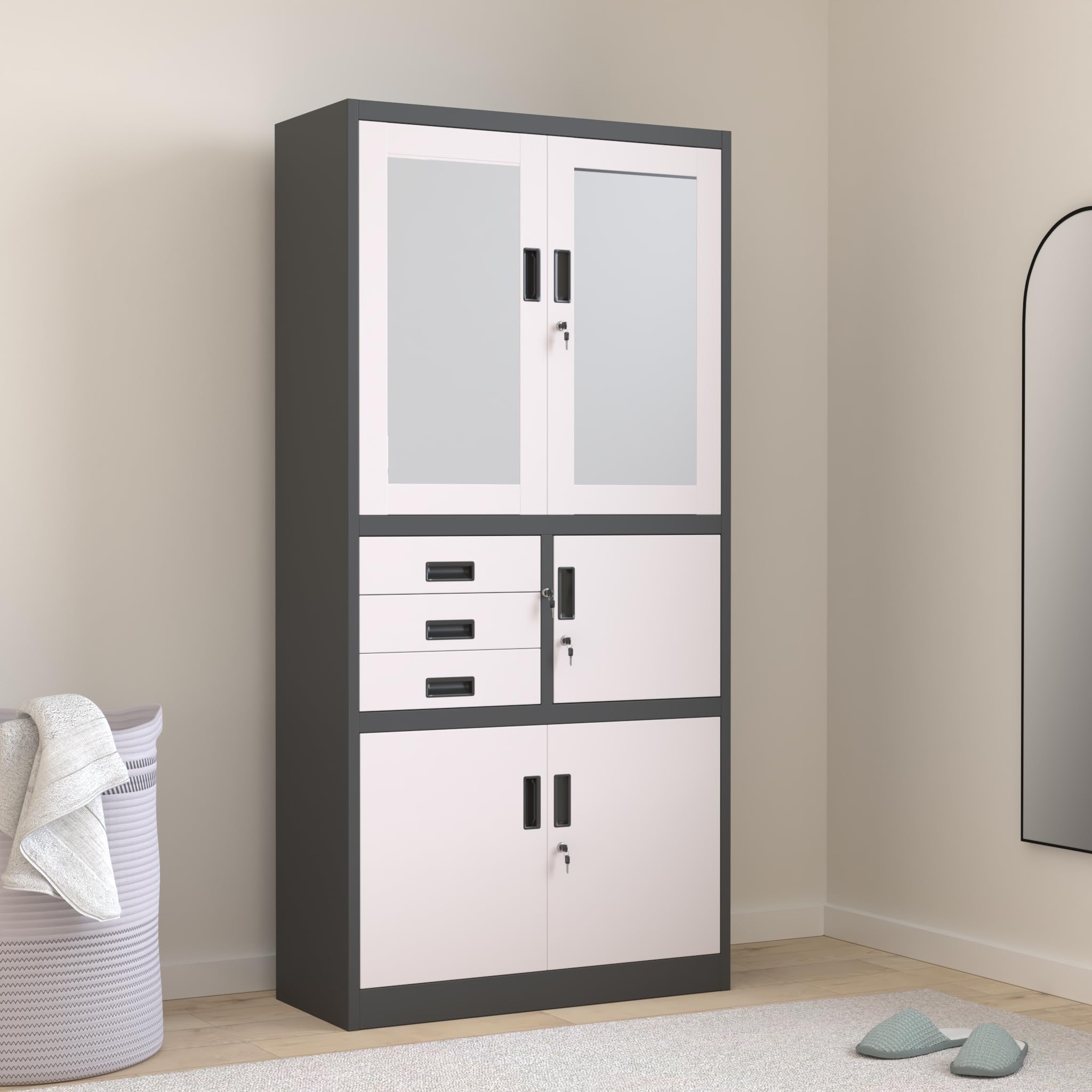 Jan Nowak Armoire de Bureau Métallique Coffre-Fort Compartiment Secret Portes battantes Tiroirs Revêtement par Poudre Tôle d'acier 185 cm x 90 cm x 40 cm (Anthracite/Blanc) C018S