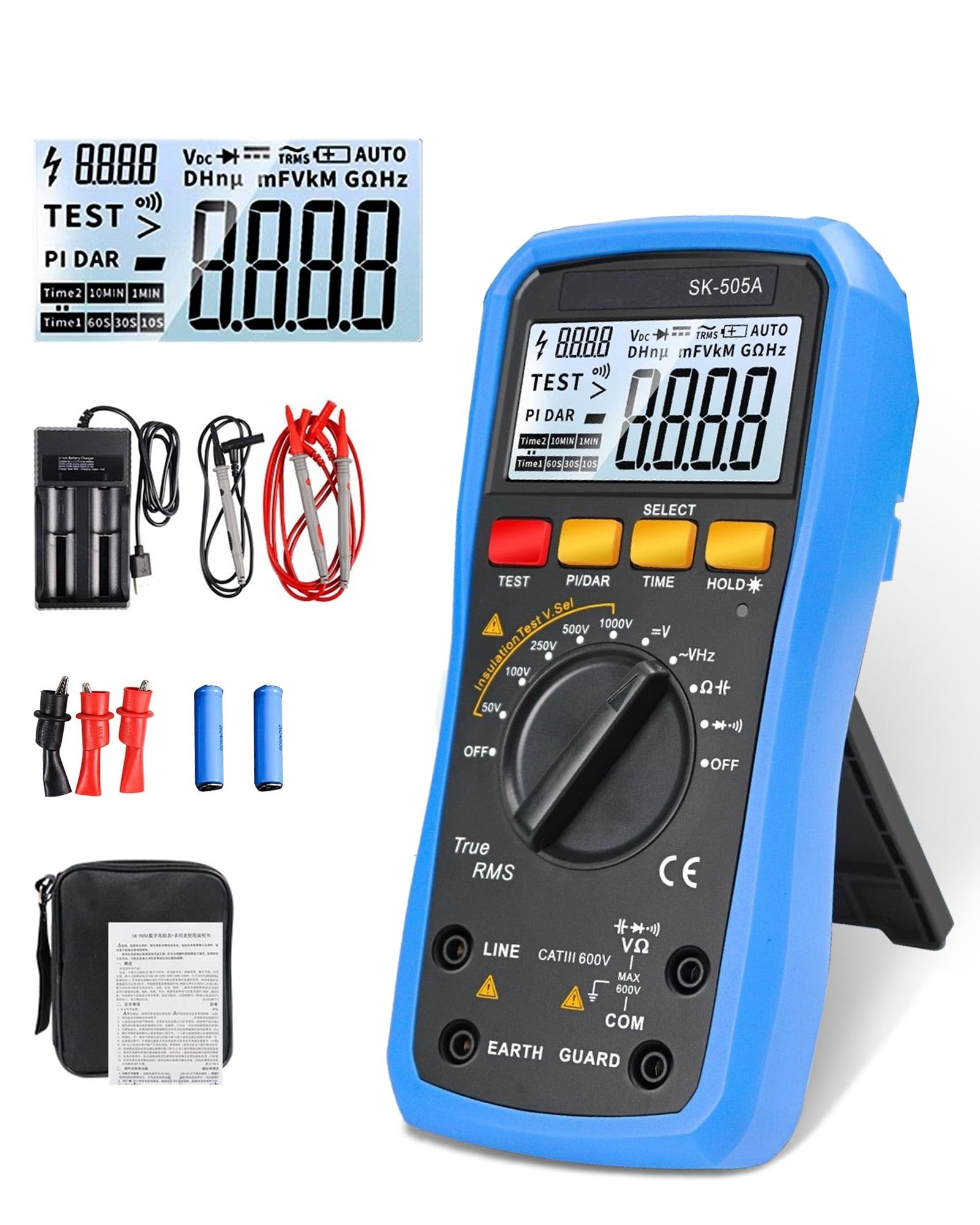2 in 1 Megohmmeter & Multimeter, Digital Insulation Resistance Tester, 20GΩ/1000V Auto-Ranging, Data Hold, AC/DC Voltage Tester