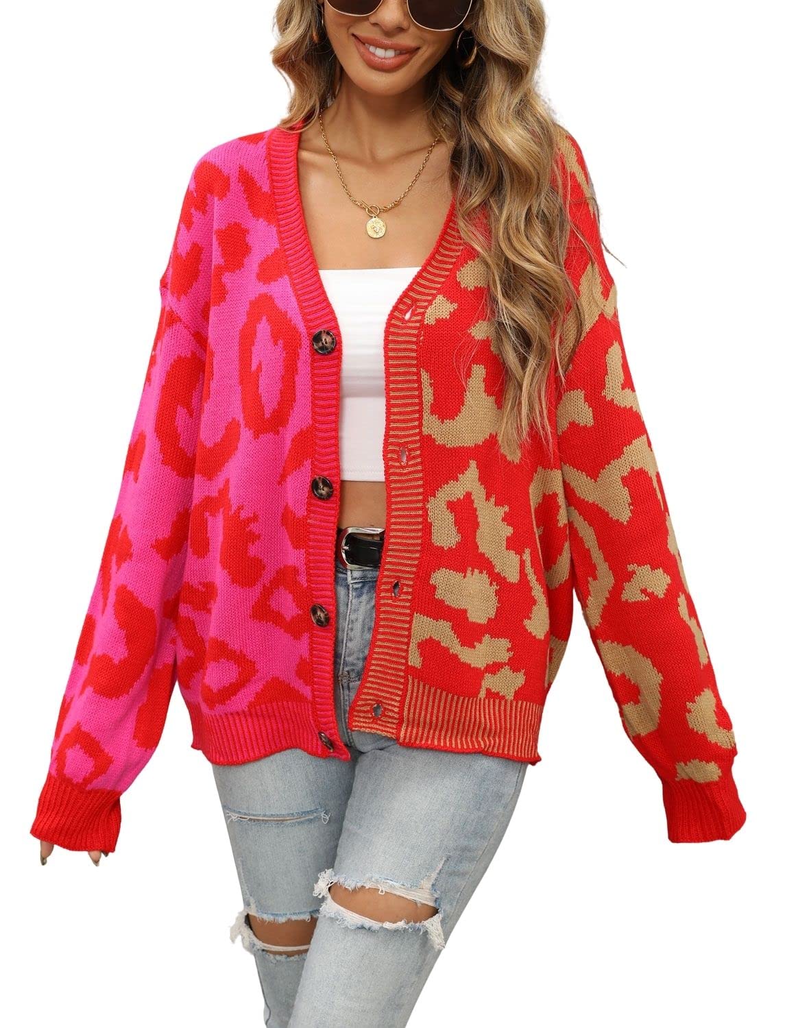 Womens Fall Color Block Leopard Print Cardigan Sweater Button Down Ribbed Knit Coatigan Coat