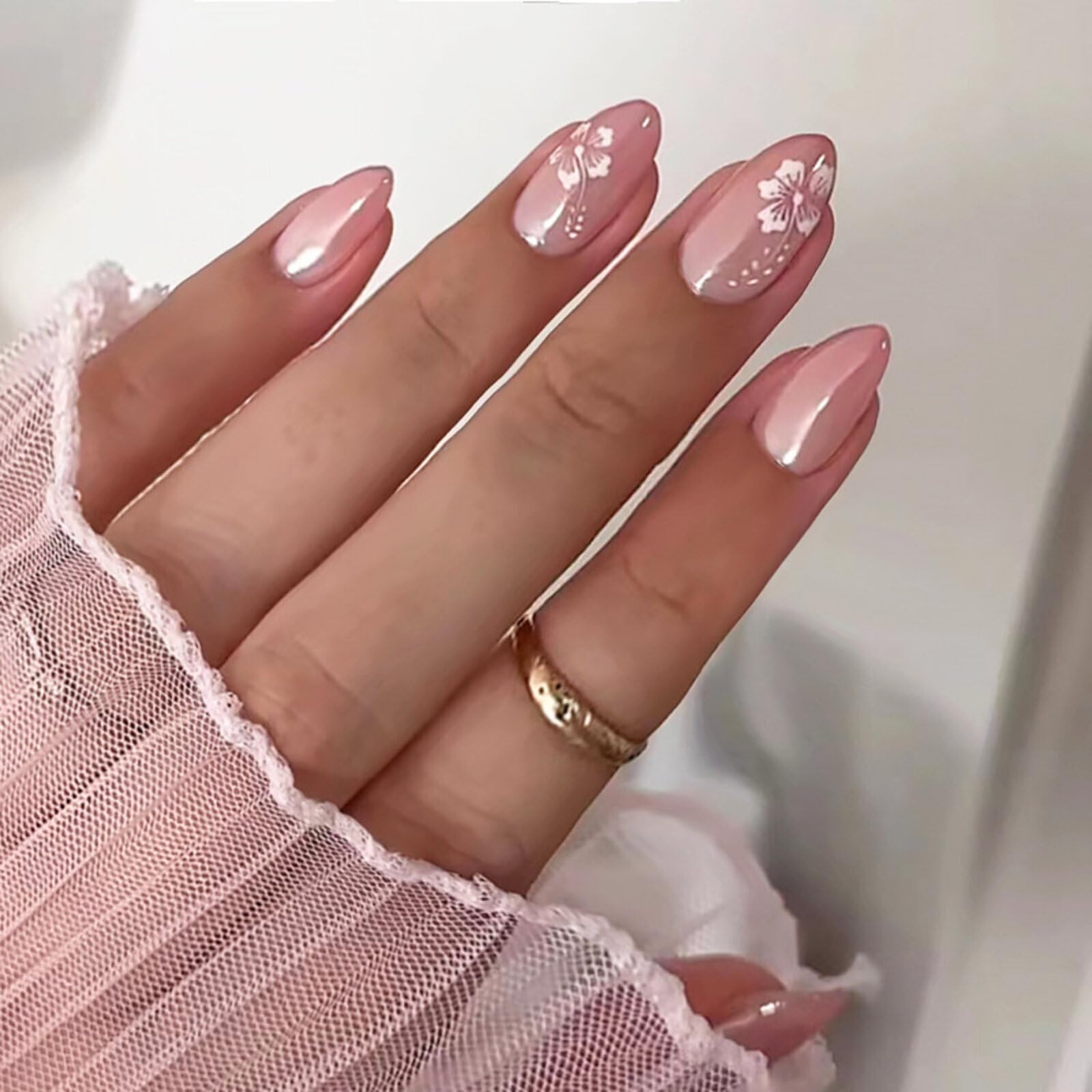 Flower MIXFOSAHN Press on Nails Short Almond Fake Nails Pink White False Nails with Gradient Designs Floral Glossy Full Cover Stick on Nails Flowers