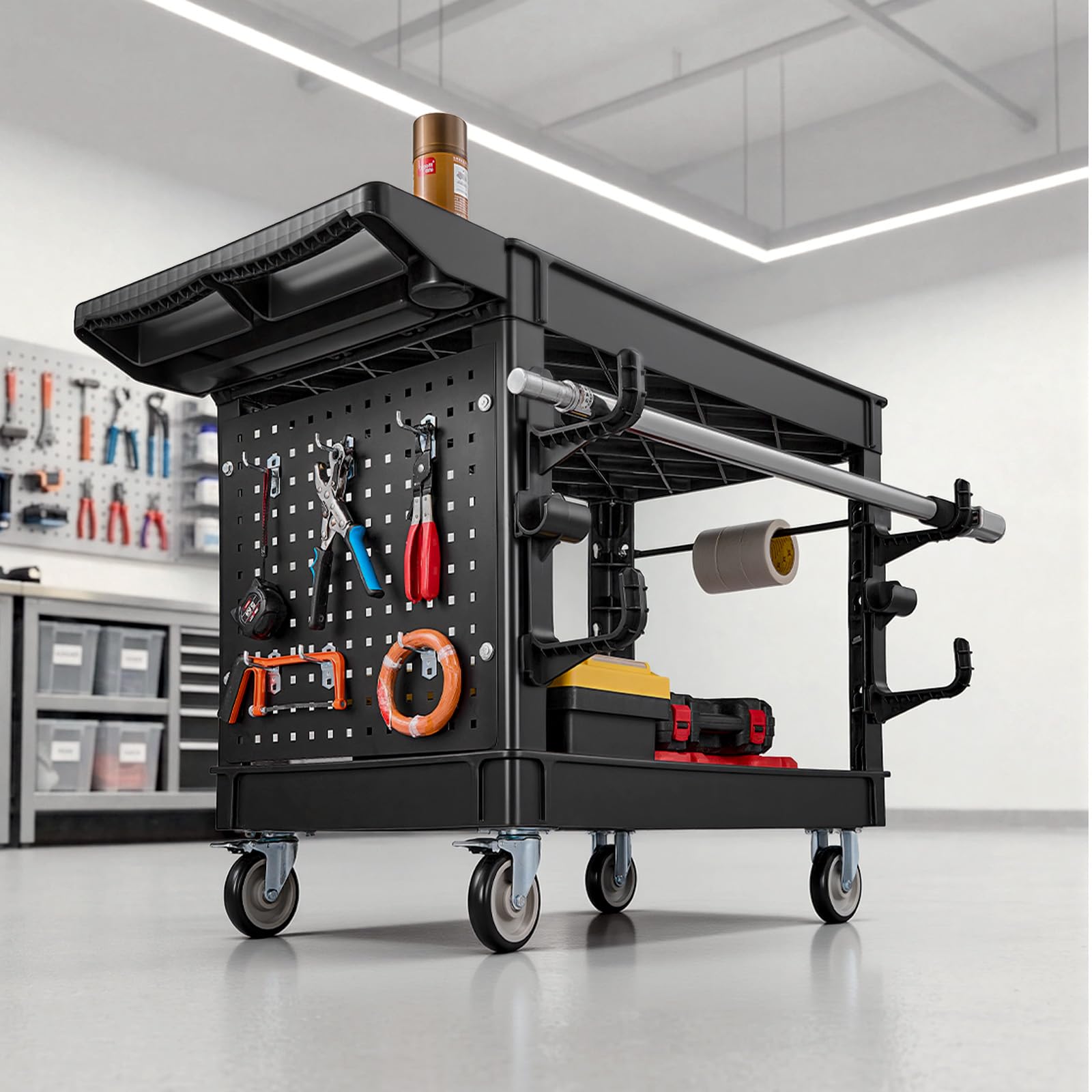 VEVOR Carrello di Servizio Portata 250 kg 2 Ripiani Ruote Girevoli a 360°, Carrello Officina, Ruote Fisse con Freno, Struttura in Plastica Resistente con Vassoio e Pannello Forato, per Garage, Nero