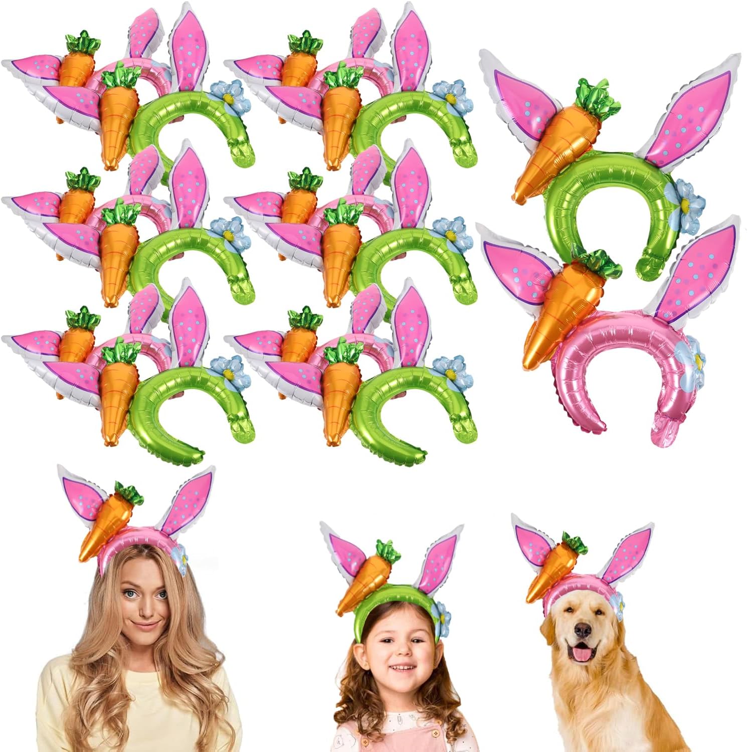 20pcs Bunny Inflatable Headbands, Easter Inflatable Foil Balloons Headband Cartoon Animal Balloons Hat Rabbit Ears Headbands for Wedding Easter Decoration Party Favors
